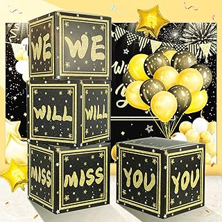 We Will Miss You Boxes Decorations,4pcs Black and Gold Balloon Boxes Retirement Going Away Decoration Say Goodbye to Coworker Teacher for Going Away Party Retirement Party Farewell Party Decoration