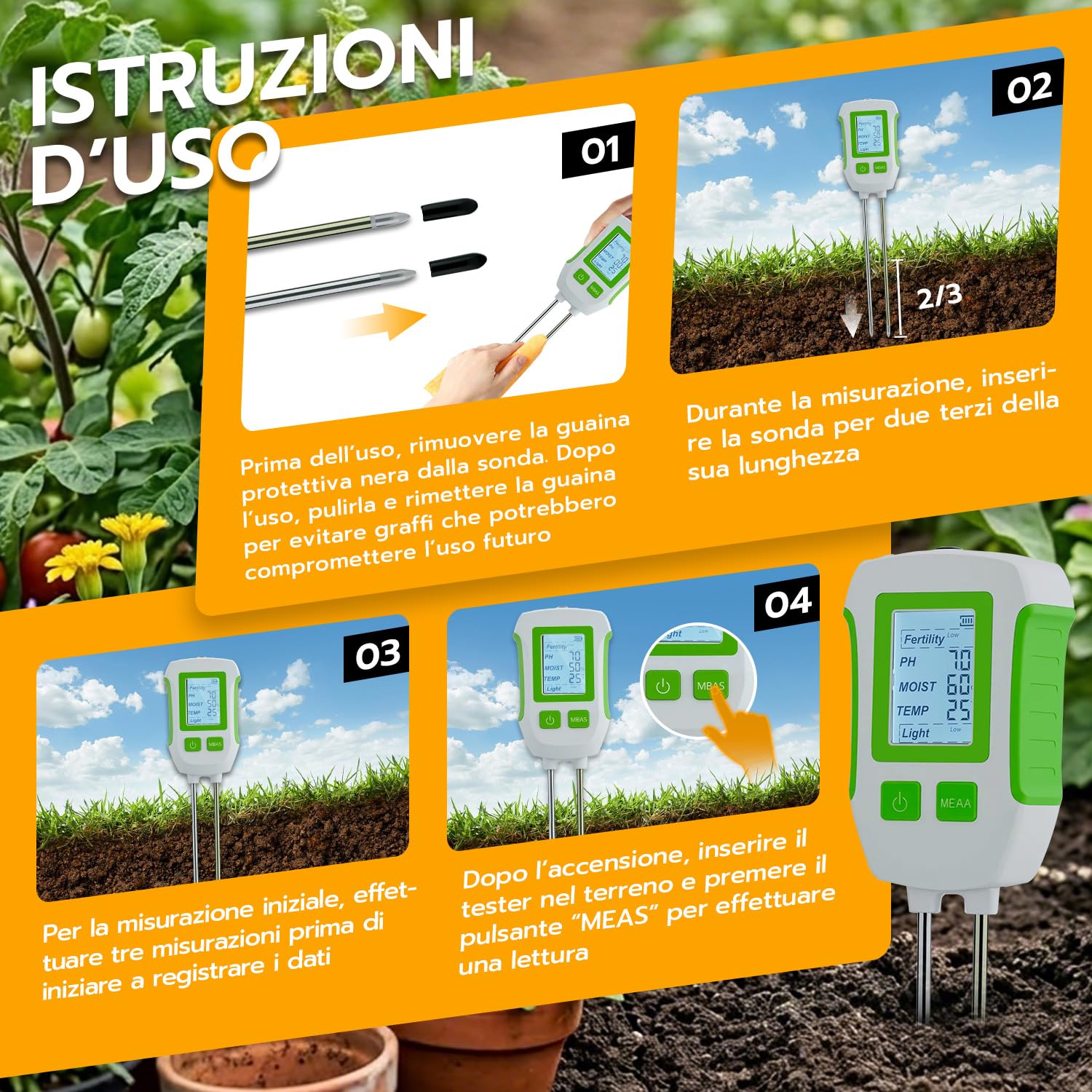 Misuratore di umidità del Terreno 5 in 1 - Tester Digitale per PH, Fertilità, Temperatura e Luce - Display LCD Retroilluminato per Piante, Giardino e Fattoria