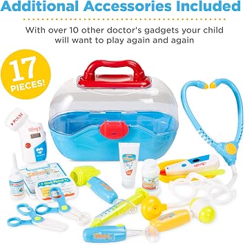 Best Choice Products Play Doctor Kit for Kids, Pretend Medical Station Set for Boys & Girls with Carrying Case, 17 Accessories Mobile Cart, LED EKG, Thermometer, Stethoscope, Pulse Machine - Blue
