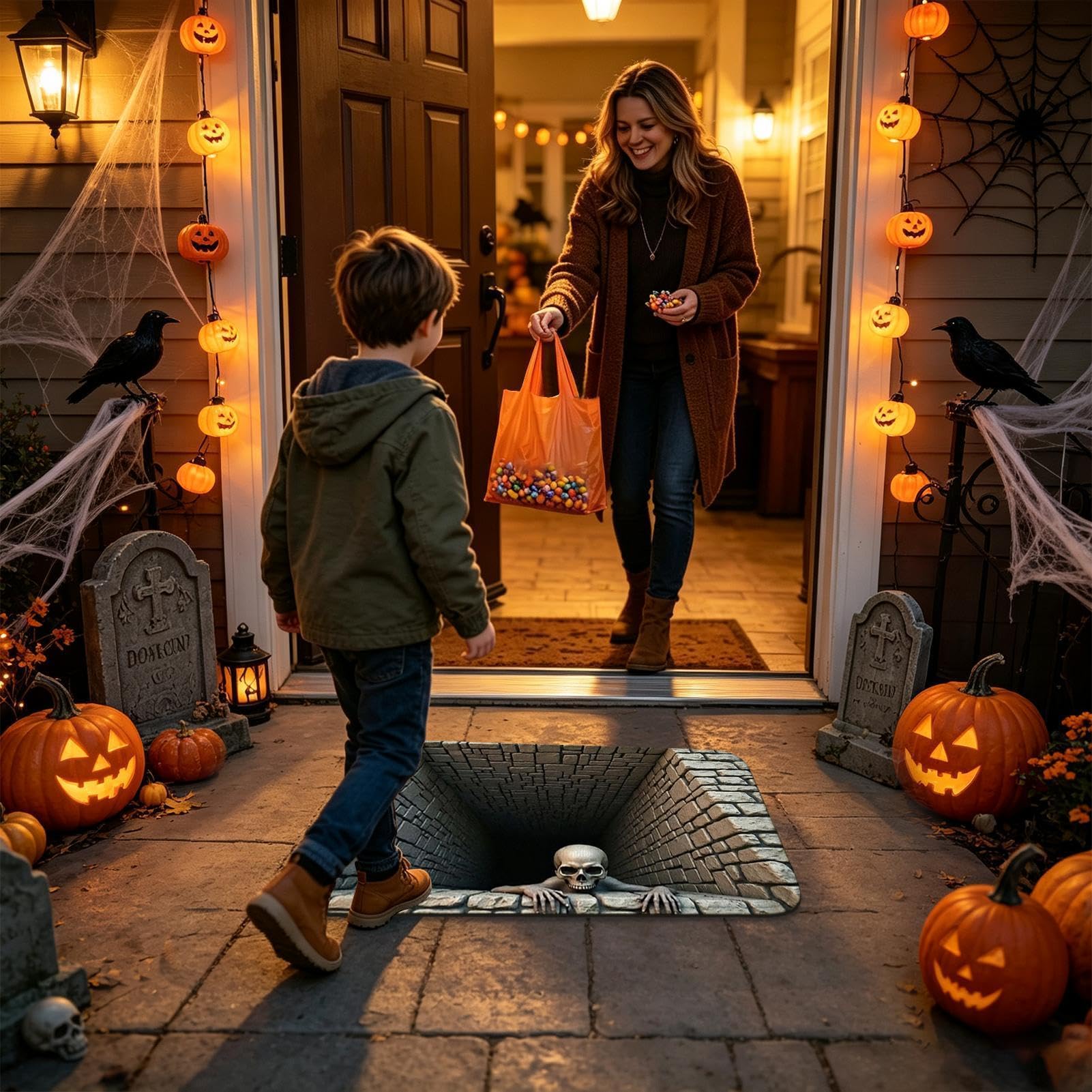 Illusion - Tappeto decorativo rettangolare 3D con fori | Zerbino antiscivolo per Halloween, per casa, soggiorno, vacanze, bagno, vasca da bagno, ingresso