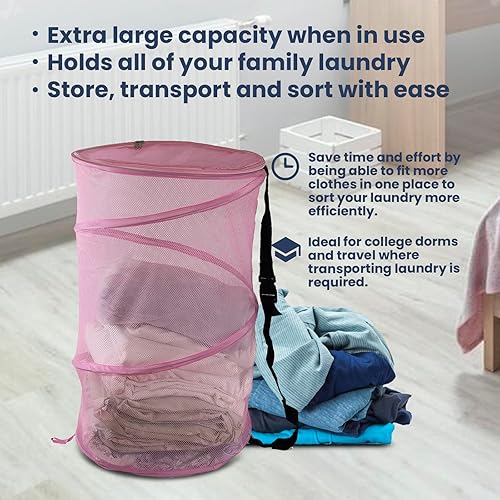 Miniatura 8 de Cesta plegable de malla de alambre para la ropa sucia, portátil, duradera, bolsa de almacenamiento + correas, cubierta superior con cremallera,