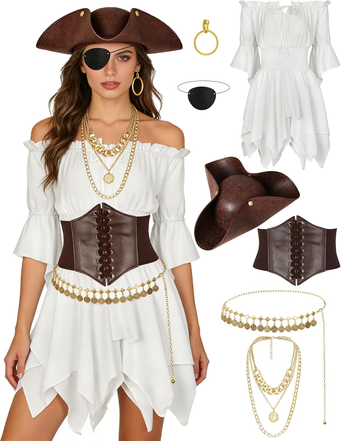Drofe Pirate Costume Women Complete Outfit with Dress,Tricorn Hat, Waist Belt,Necklace,White Pirate Accessories Set