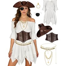 Drofe Pirate Costume Women Complete Outfit with Dress,Tricorn Hat, Waist Belt,Necklace,White Pirate Accessories Set