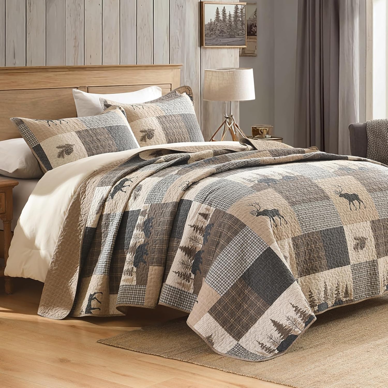 PERHOM Quilt King Size, 100% Cotton King Size Quilt, Lodge Cabin Farmhouse Quilted Comforter, Brown Beige Gray Plaid Lightweight Soft Bedspread Sets for All Season, 3 Pieces - Image 3