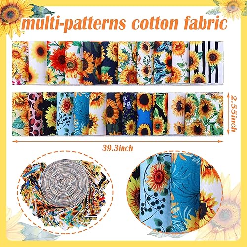 Miniatura 6 de 70 piezas de rollo de tela de algodón de gelatina de girasol, tiras de acolchado de tela de girasol de algodón de 2.55 pulgadas, tela de retazos