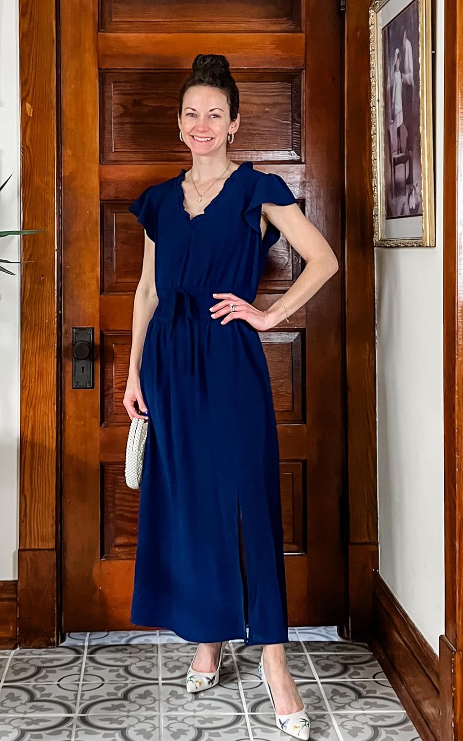 Angashion Womens Summer Midi Dresses Casual V Neck Cap Sleeve Empire Waist Elegant 2026 Flowy Solid Long Dress with Pockets