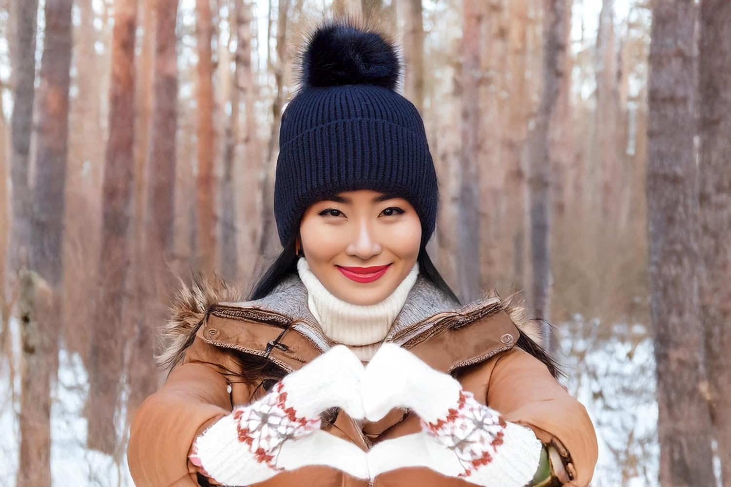 Funky Junque Women's Ribbed Knit Beanie Hat with Cozy Faux Fur Pom Poms - Winter Colors, Neutral Tones, Earth Tones