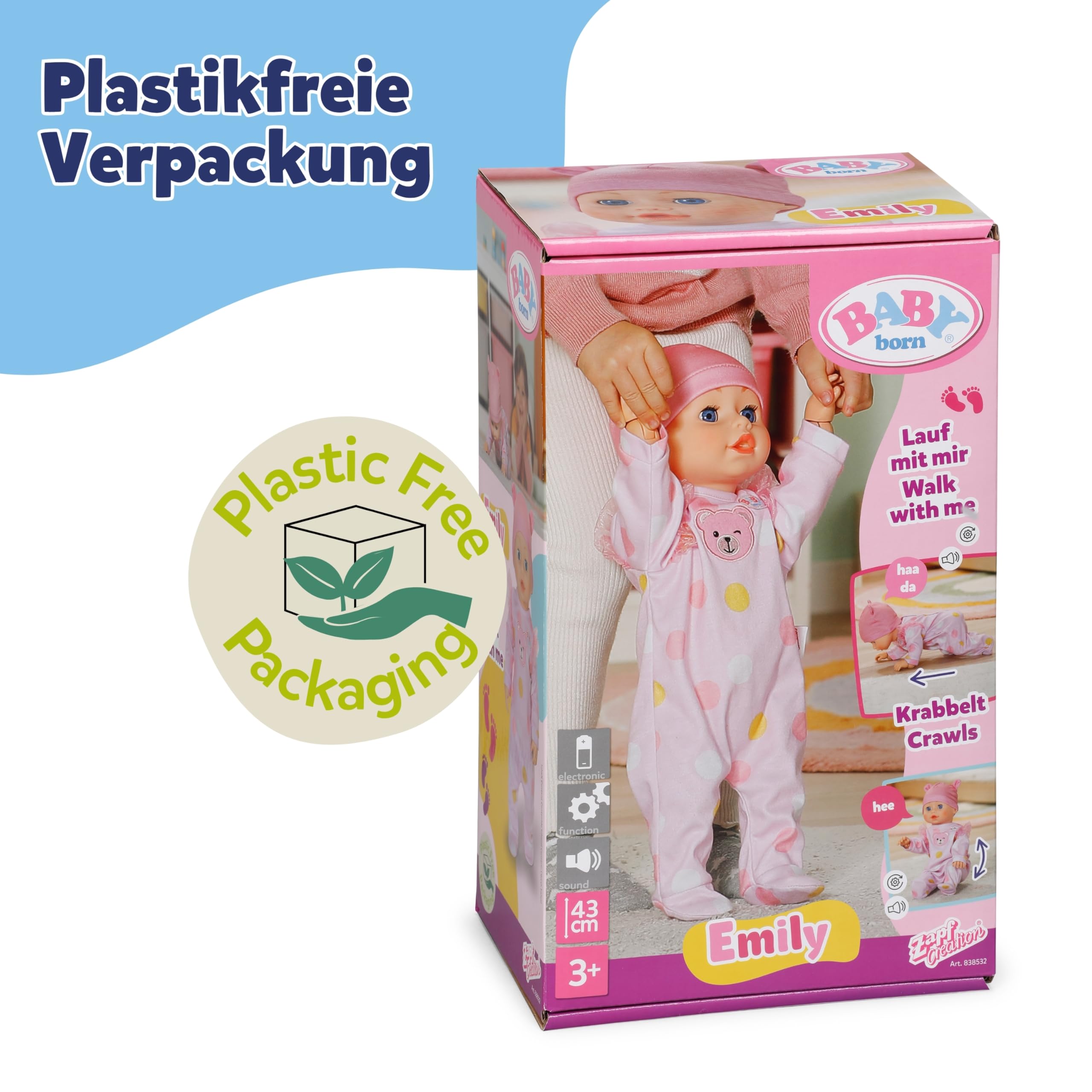BABY Born Emily Lauf mit Mir - 43 cm Puppe mit elektronischen Funktionen - Krabbel- & Lauflernpuppe mit Soundfunktion - Inkl. rosa Strampler & Mütze - Geeignet für Kinder ab 3 Jahren