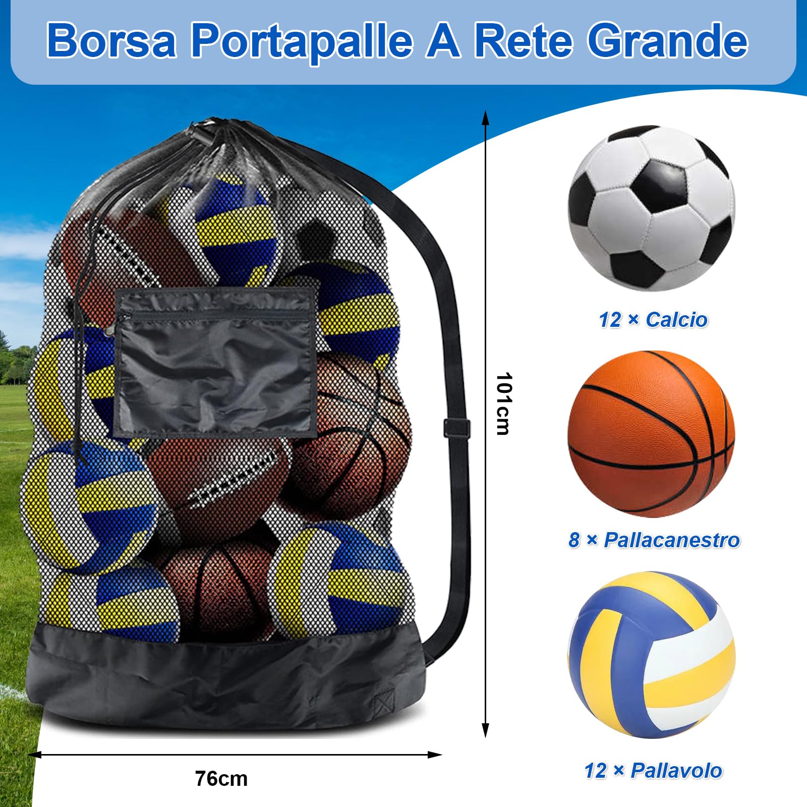 Scettar Borsa da Calcio in Rete, 101 * 76 CM Mesh Ball Bag Large con Coulisse e Tracolla, Rete Porta Palloni Portatile per Casa/Scuola/Ufficio/Palestra, Viene Fornito con 10 Birilli Gonfiabili