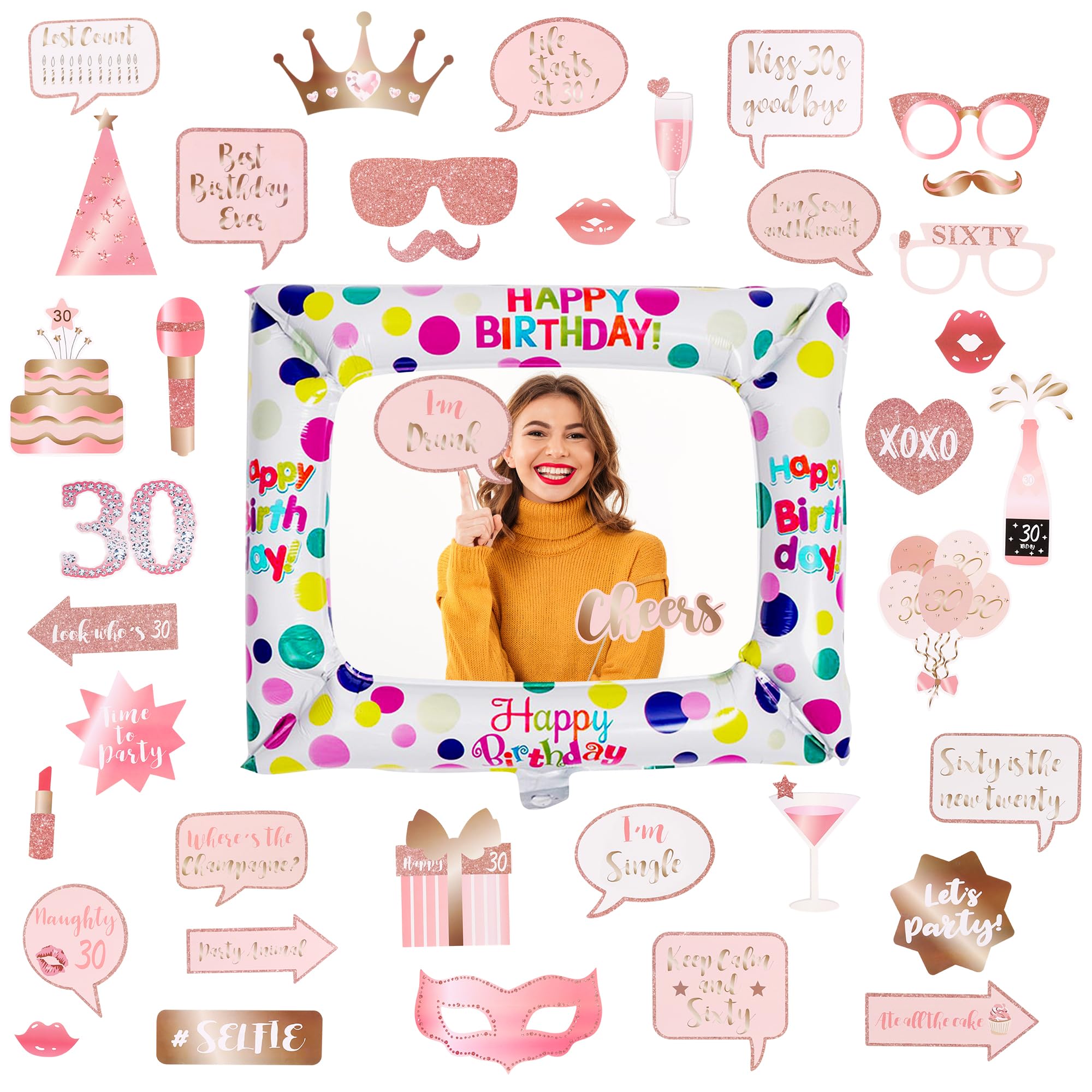 Iridsmole Women's Rose Gold -30 30Th Birthday Photo Booth Props, Rose Gold Inflatable Selfie Frame, 38Pcs 30Th Birthday Decorations For 30Th Giant Inflatable Photo Booth Frame For Party Decoration