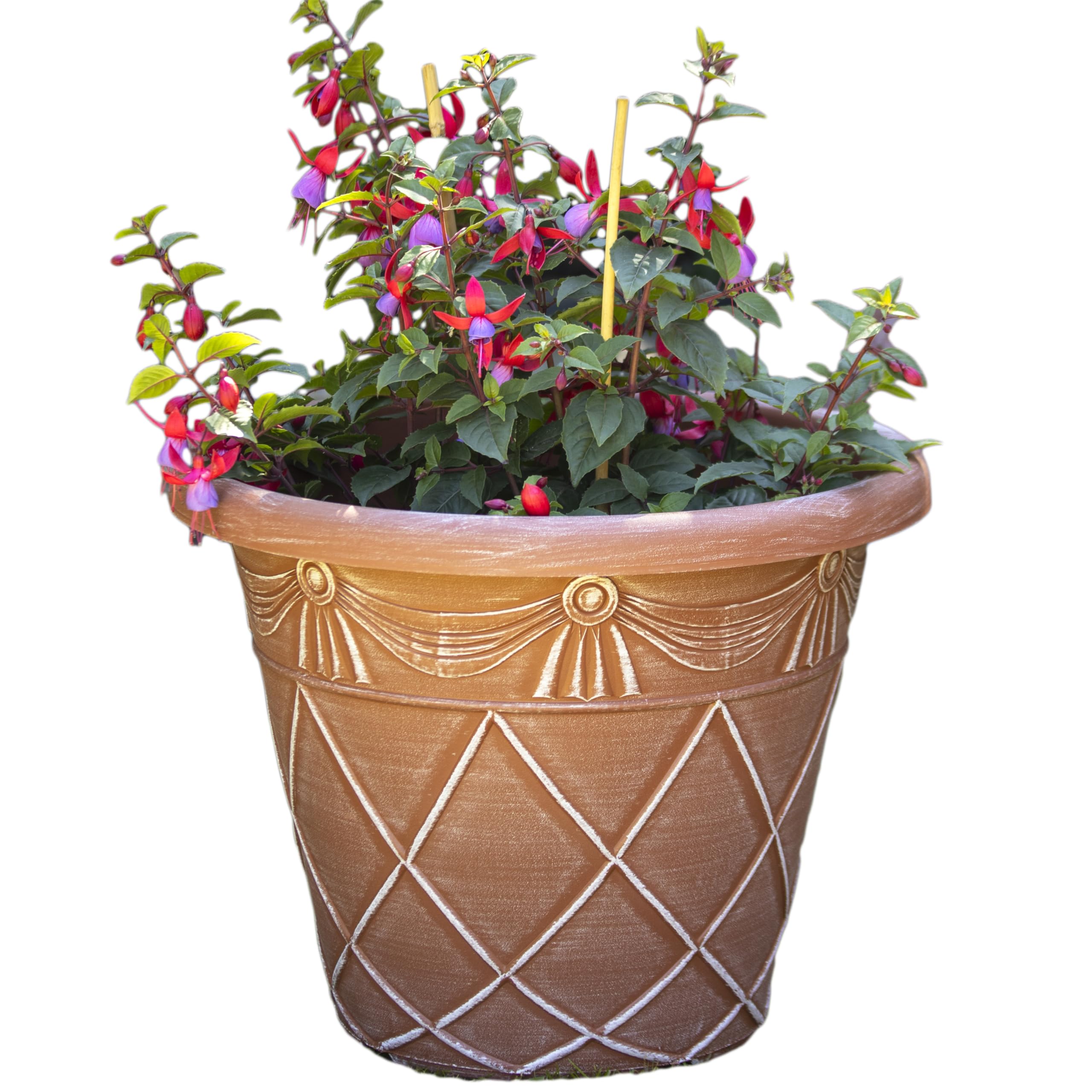 Darthome Brown Round Terracotta-Coloured Roman Planter, Plastic, Tuscany-Inspired Pattern, Outdoor Garden Pot, With Drainage Holes (1, Large 45Cm)