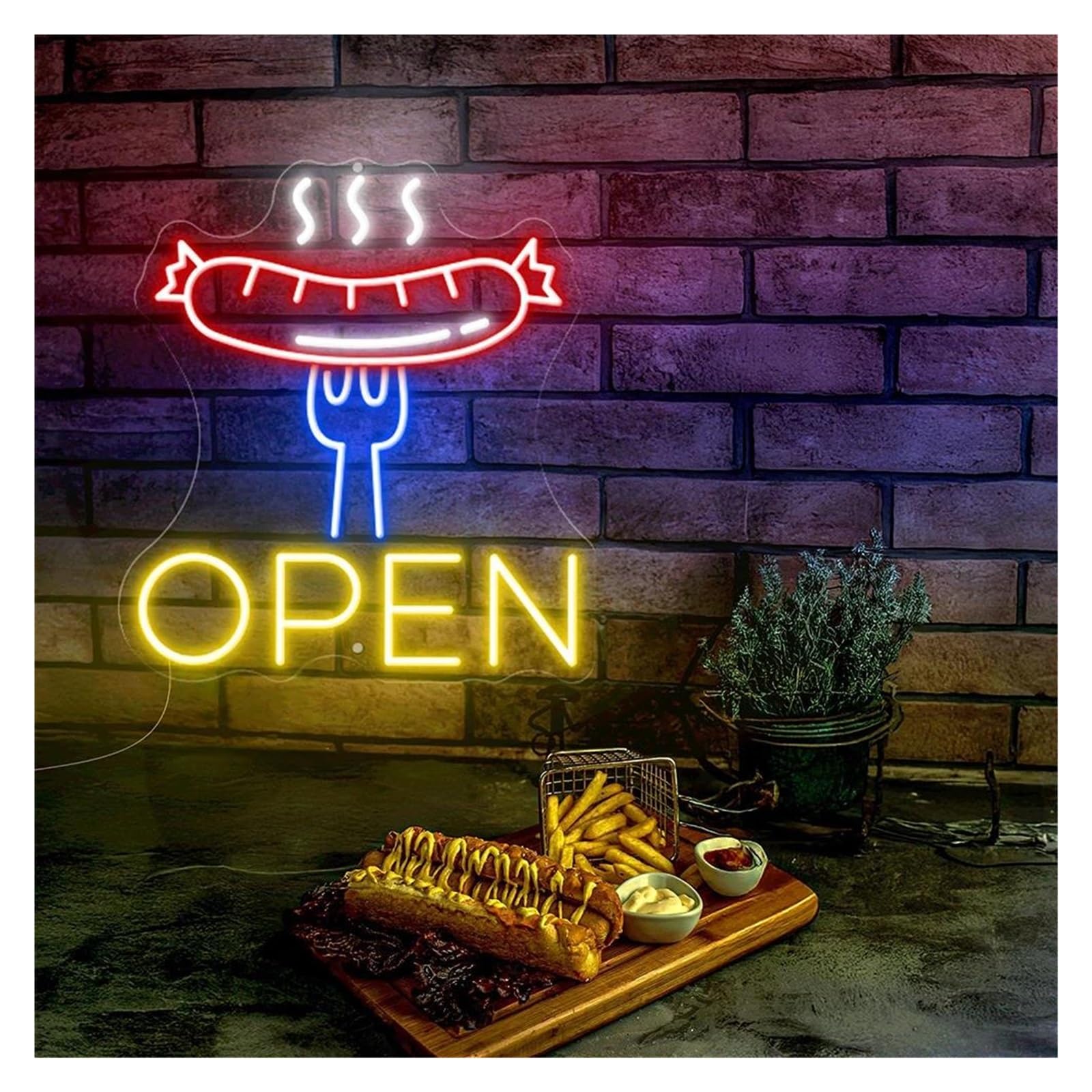 SHOUXI Sign Lamp Grilled Sausage Open Neon Sign Sausage On A Fork Neon Light Barbecue BBQ Restaurant Wall Decor Meat Light Signs(A,56X50CM)