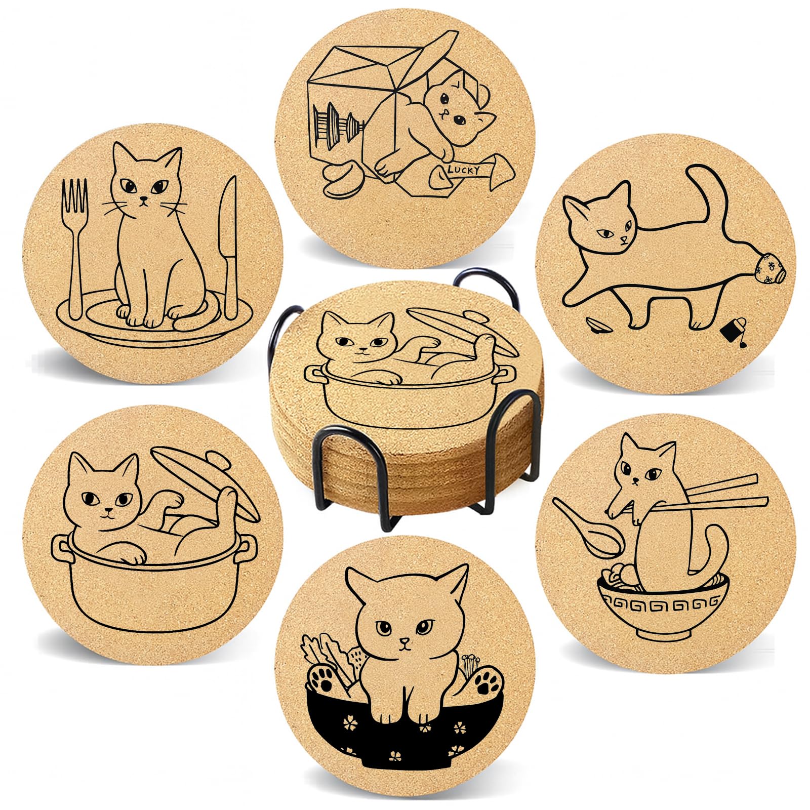 Coasters for Drinks with Holder Set of 6, Cat Cork Coaster Absorbent for Office Desk Cup Table Coasters Kitchen Decor House Warming Gifts for New Home, Round 4"
