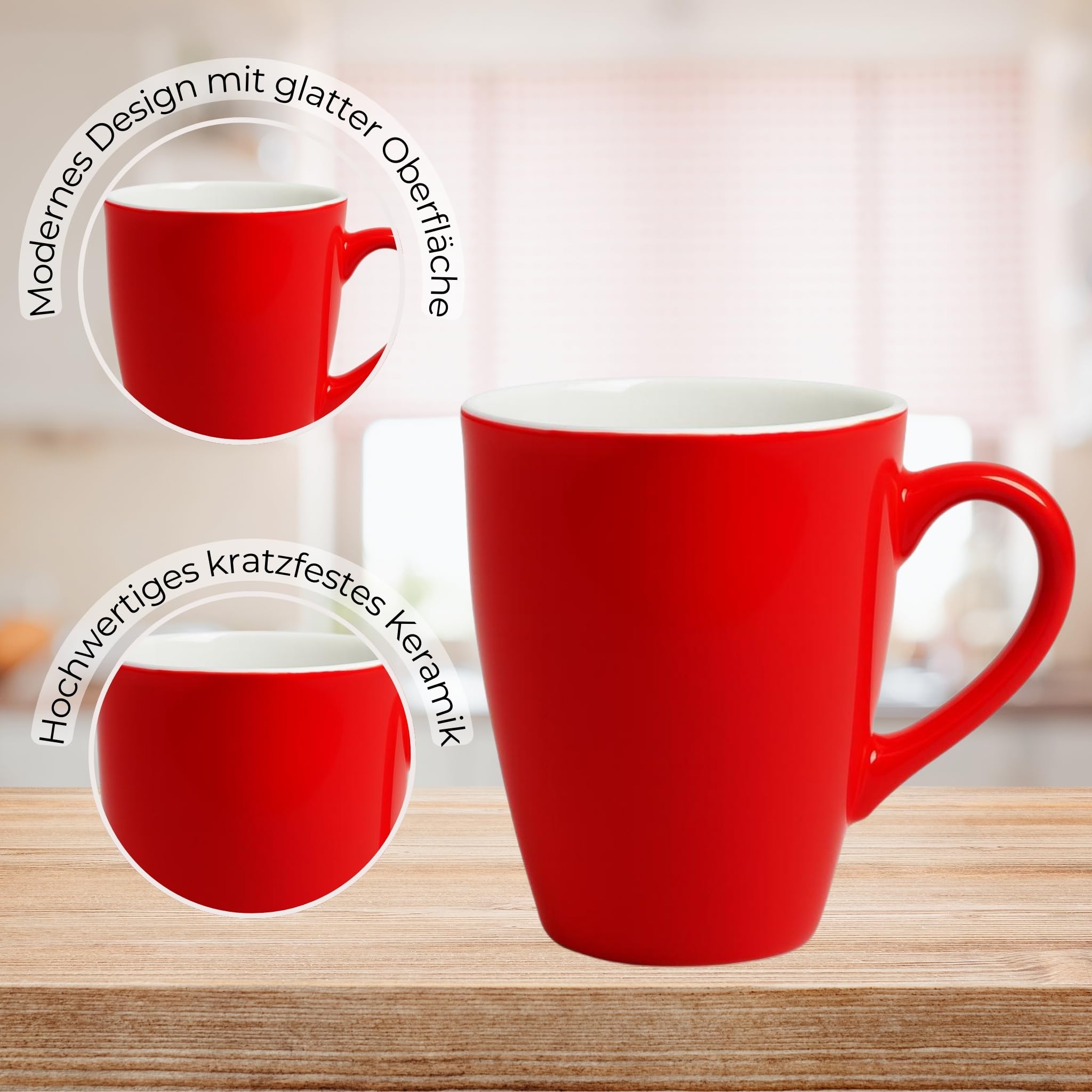Kaffeetassen 36er Set aus Keramik 340ml - Teetassen Set in Rot, Kaffeebecher Spülmaschinenfest