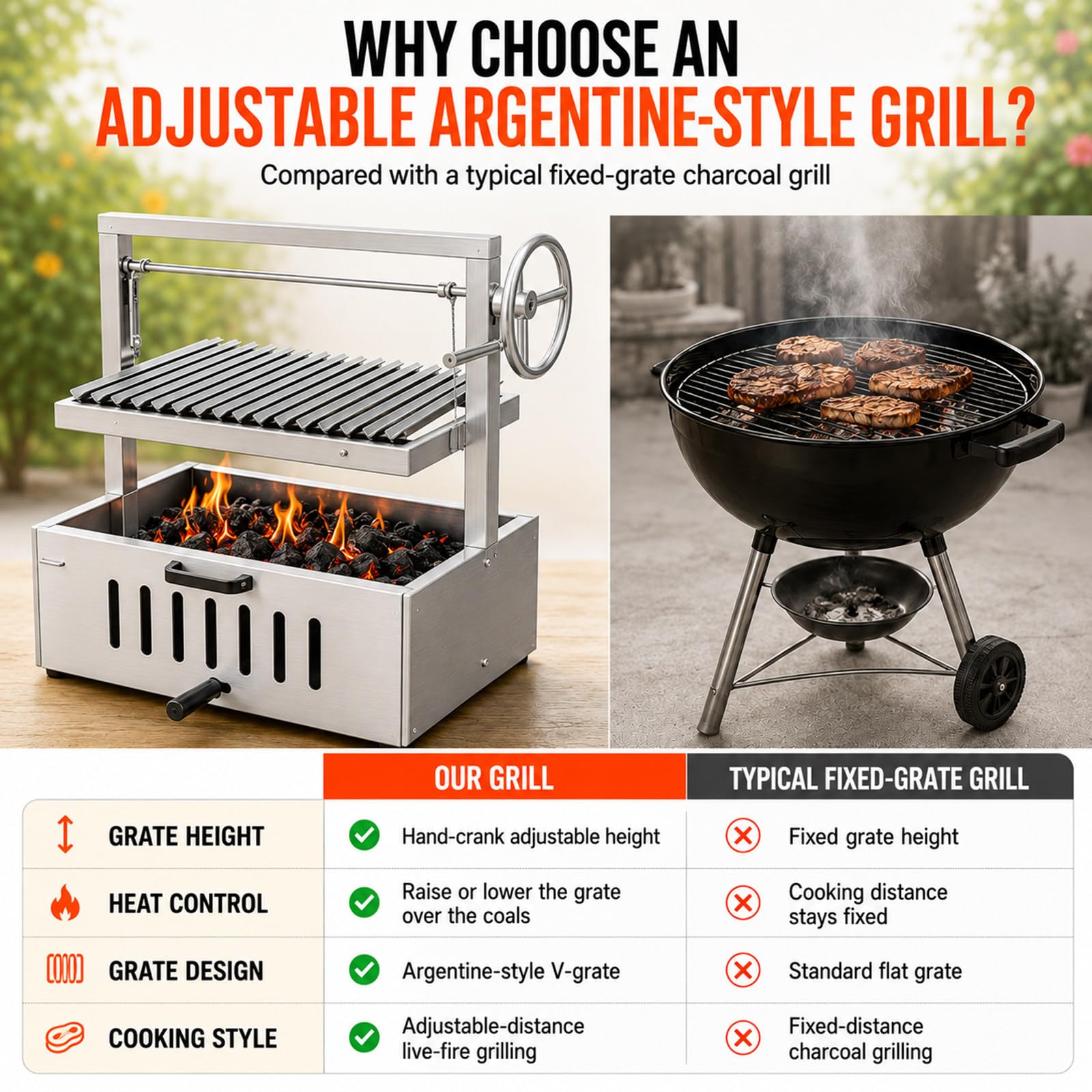 Barbecue Santa Maria Stile Argentino, griglia a V Regolabile con manovella, Acciaio Inox per Cottura a carbonella, Giardino, terrazza e Uso Esterno