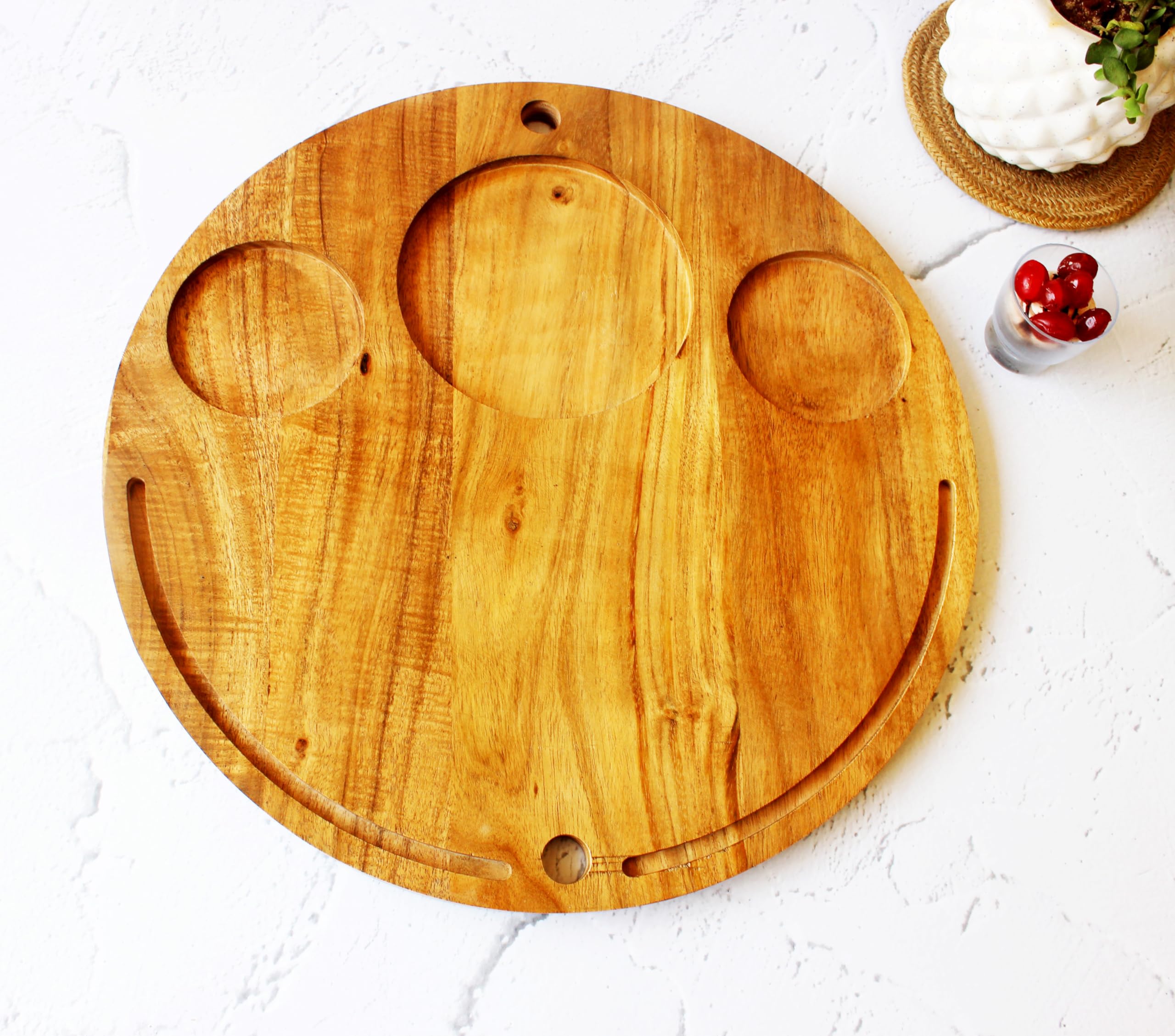 Monstera Hut - Acacia Round Chopping Board for Kitchen & Dining, Ideal for Serving Dry Fruits, Snacks & Desserts | Wooden Tray | Multi Utility Tray | Size : 40x40x1.7 cm
