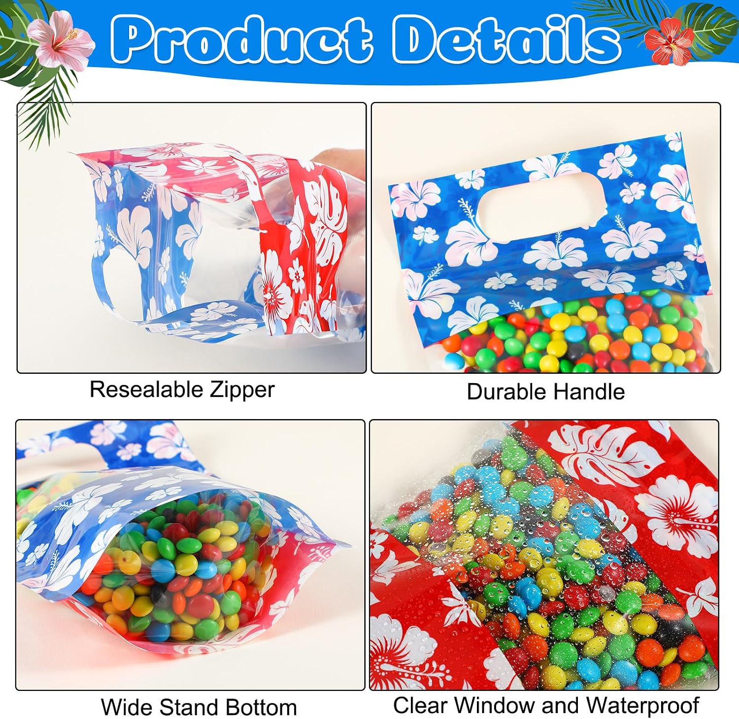 Sweetude 50 Pcs Hawaiian Party Gift Bags Palm Leaf Print Plastic Bags image 3
