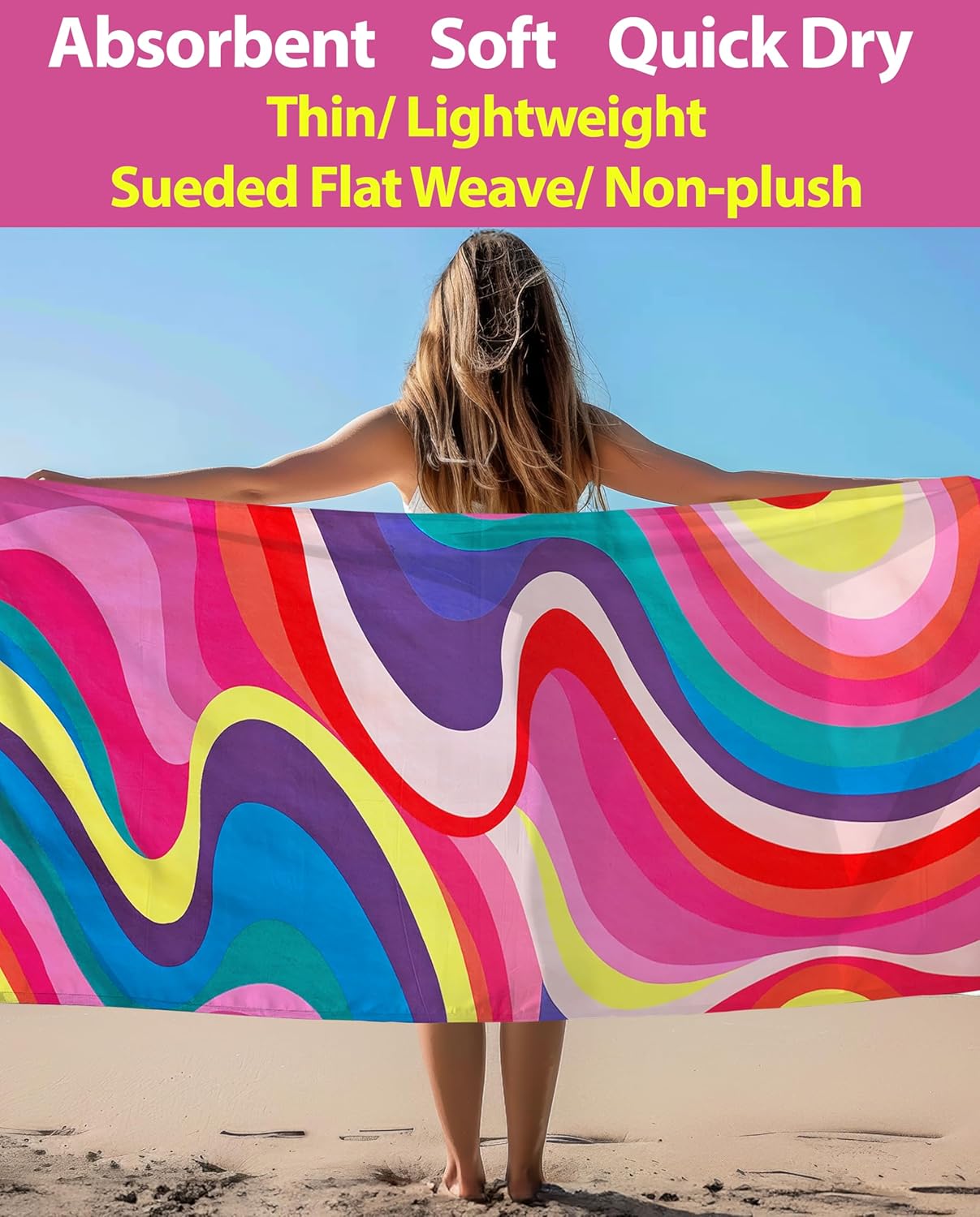 Microfiber Beach Towel Oversized 71X32" Thin, Lightweight, Quick Dry Towel, Sand Free, High Absorbent, Compact, Pool, Gym, Camping, Cruise, Travel Towel, Beach Blanket, Carry Bag, Pink, Geometric