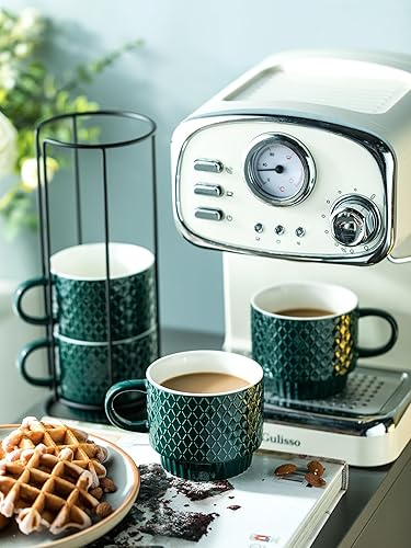 Miniatura 6 de LYEOBOH Juego de tazas de café apilables de porcelana con soporte y cucharas, 13 onzas, tazas de capuchino Demitasse para bebidas, expreso, café con