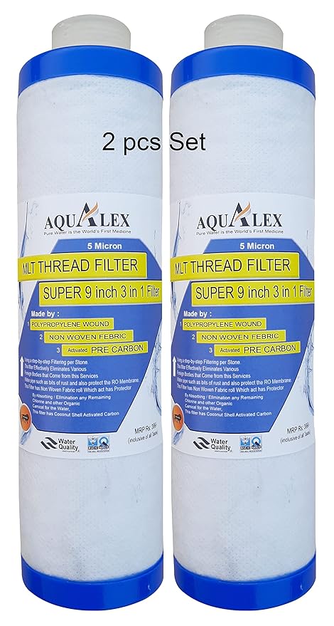 AQUALEX, Pokar RO, 2pc MLT Filter Cartridge 9 inch. 3 in 1 Multilayered (1) Polypropylene Yarn Wound, (2) Activete Carbon (3) Non Waven Fabric in Single Filter for RO Water Purifier Pre Filter