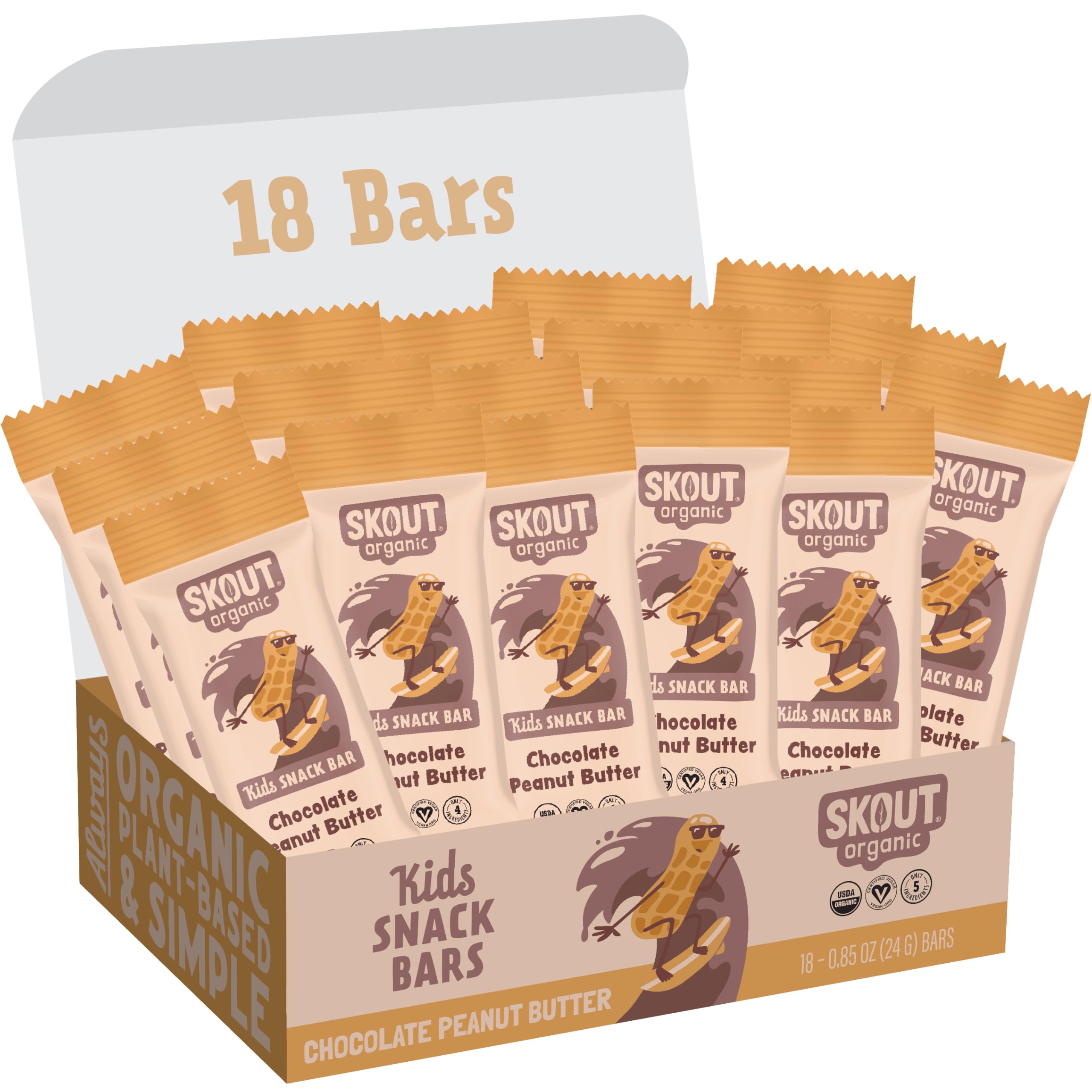 Skout Organic Chocolate Peanut Butter Kids Snack Bars (18 Pack) | Organic Kids Snack Bars | School Snacks & Lunch Snacks | No Refined Sugar | Vegan &