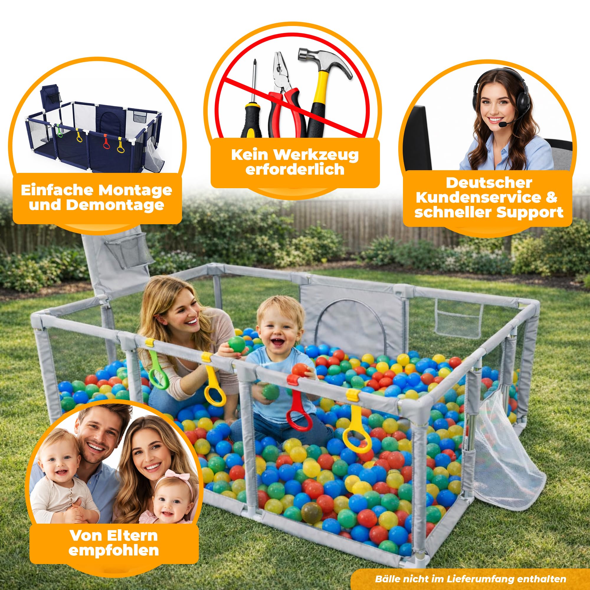 Laufstall Baby 180x122 cm mit Basketballkorb & Fußballtor – Laufgitter XXL | XXL Laufstall mit Basketballkorb, Fußballtor, Spielringen und atmungsaktivem Netz.