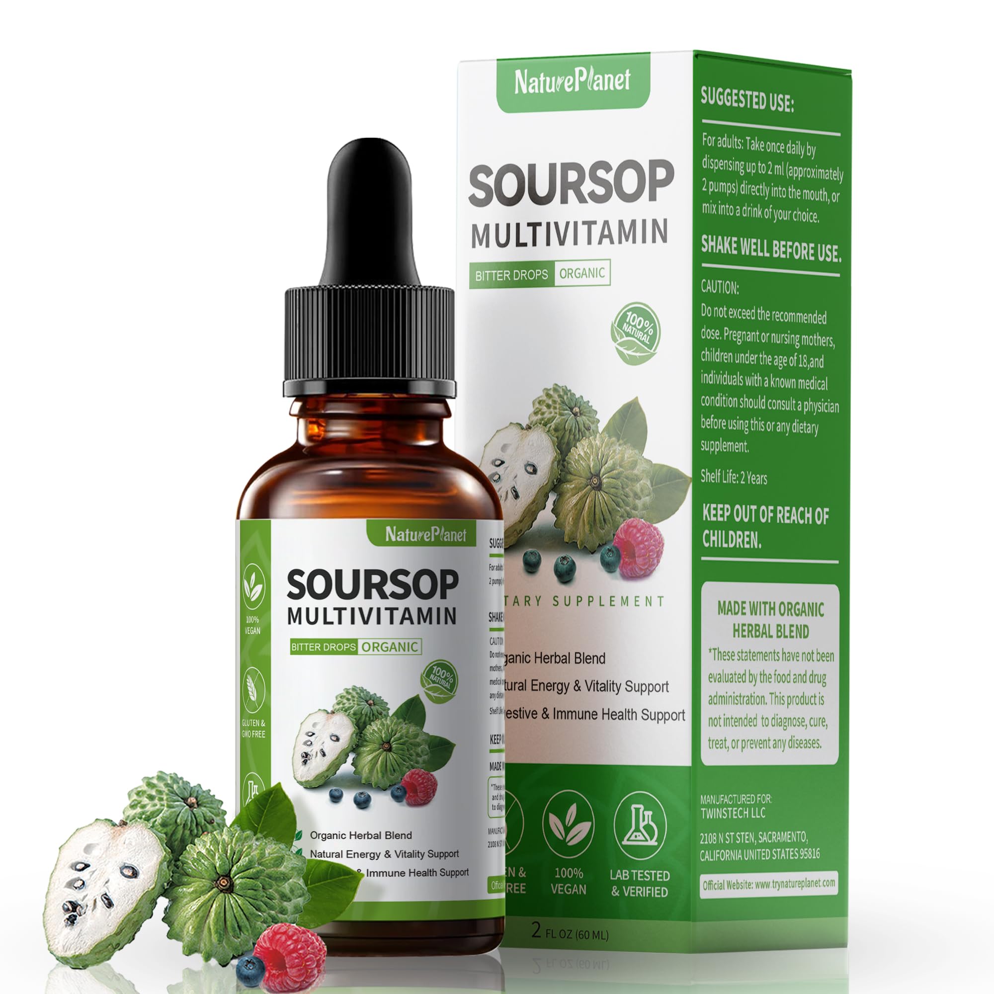 Graviola Soursop Bitters Liquid Drops with Vitamin C, D3, B6, 5000mg Soursop Fruit & Leaf Extract + 10 Bitters Botanicals for Immune Support Digestive Health Antioxidant Boost丨Non-GMO Vegan 2 Fl Oz