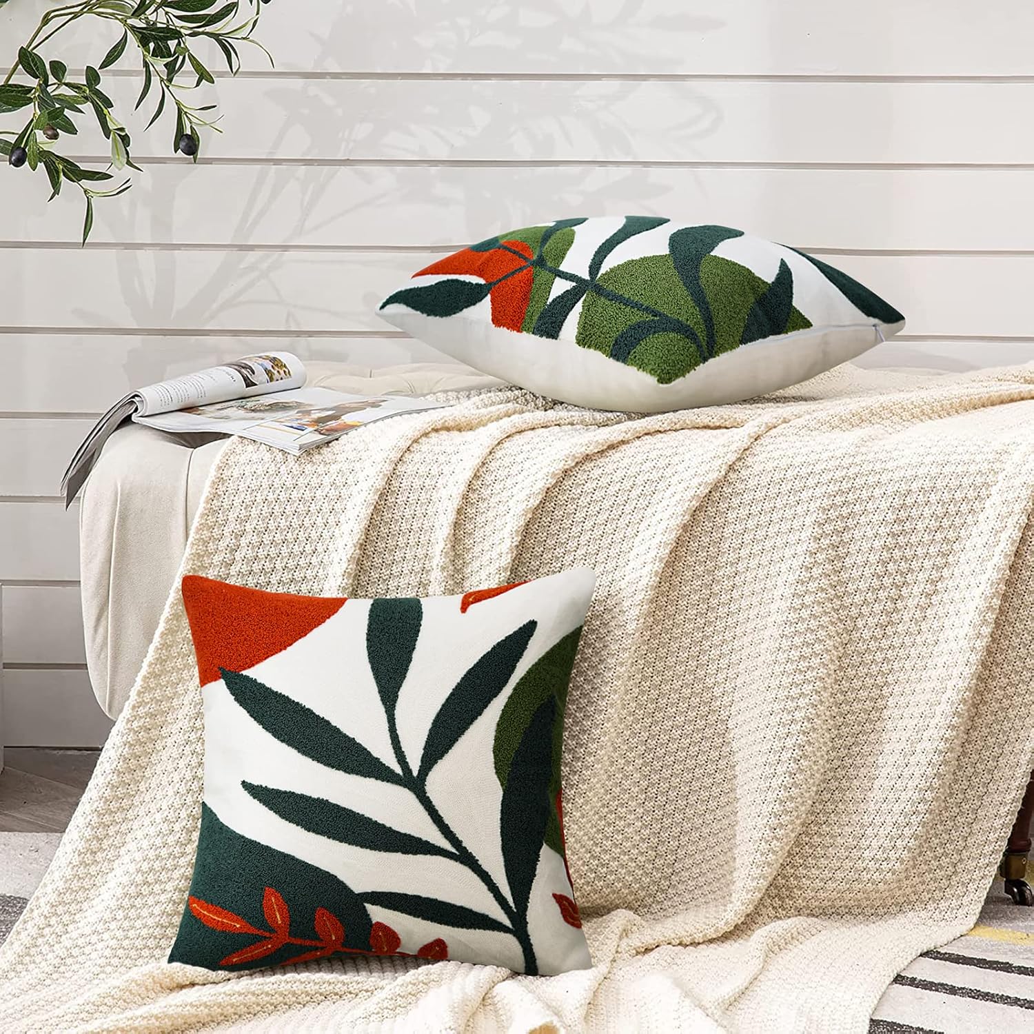 Merrycolor Boho Decorative Throw Pillow Covers 18x18 Tufted Abstract Mid Century Modern Pillow Covers Aesthetic Boho Pillows Decorative Pillows for Bed Couch Sofa Living Room Dark Green Orange(B)