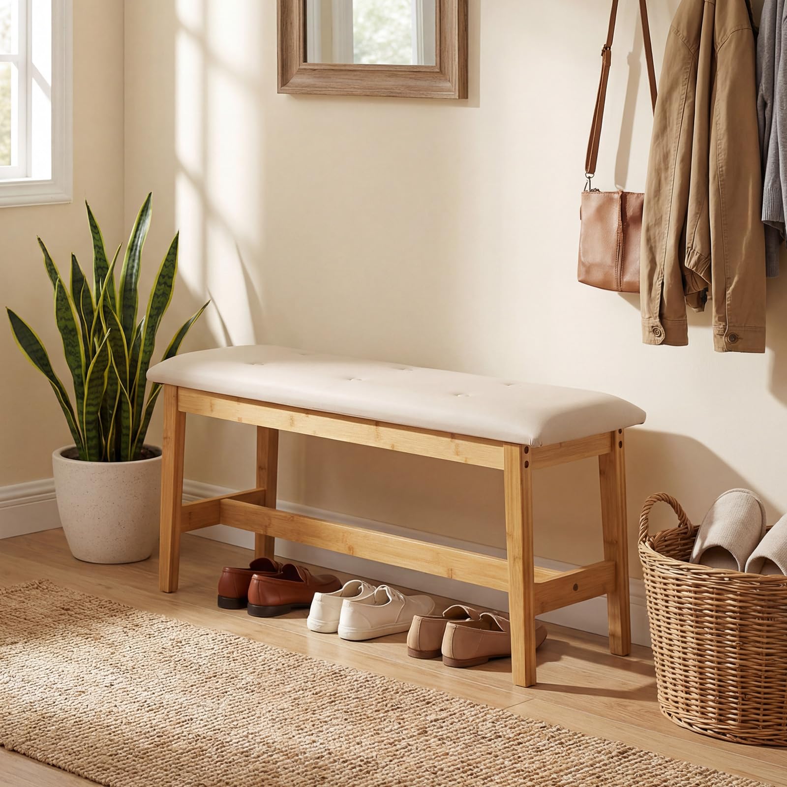 COSTWAY Banco Tapizado de 100 cm, Taburete de Bambú para pie de Cama con Botones y Asiento Acolchado, Cuero Artificial y Relleno de Esponja, Taburete para Zapatos, Banco para Cocina, Entrada, Pasillo
