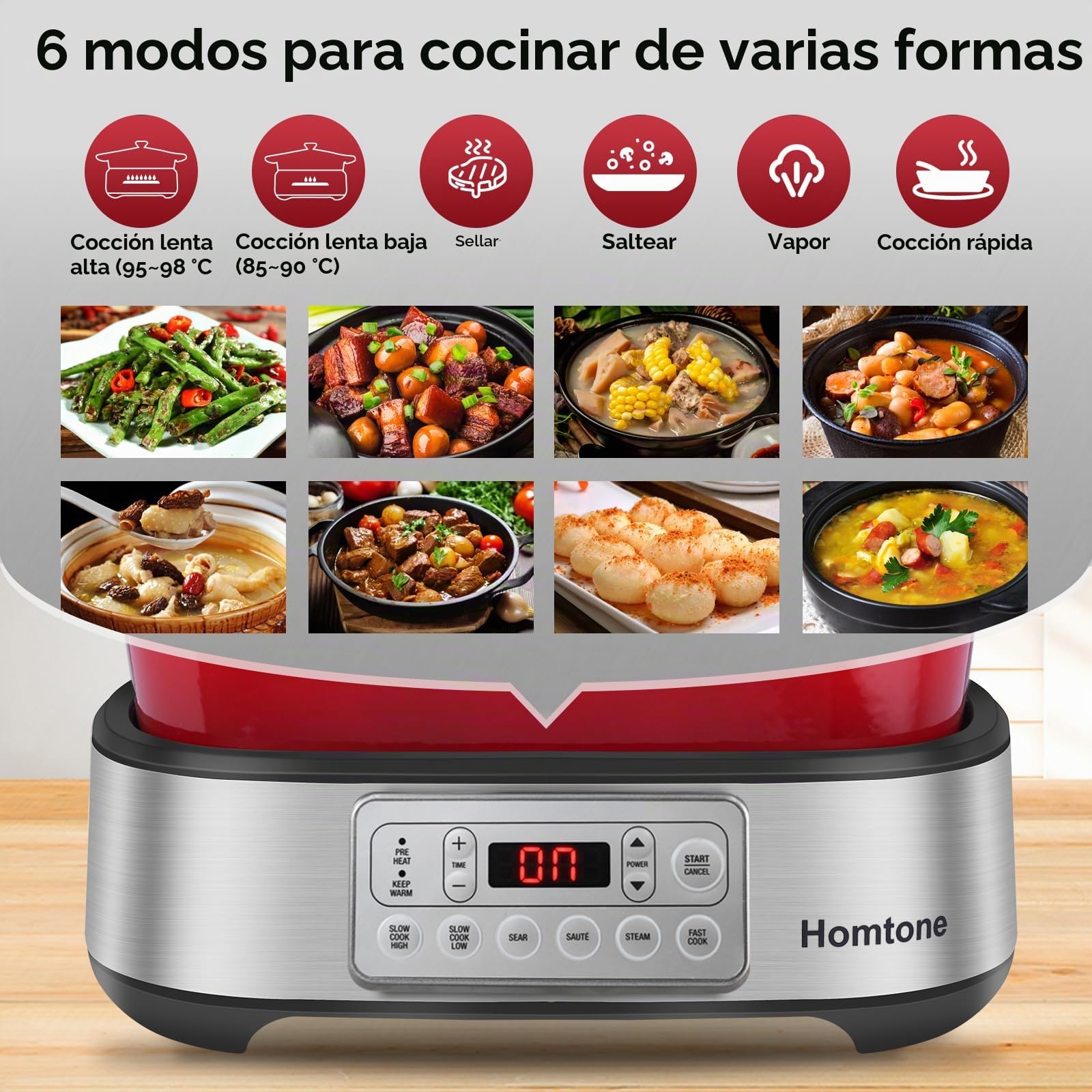 Homtone Cacerola 6 en 1 Slow Cooker 5,5L Programable Esmaltada Extraíble Revestimiento Cerámica Cocción Lenta Vapor Rojo