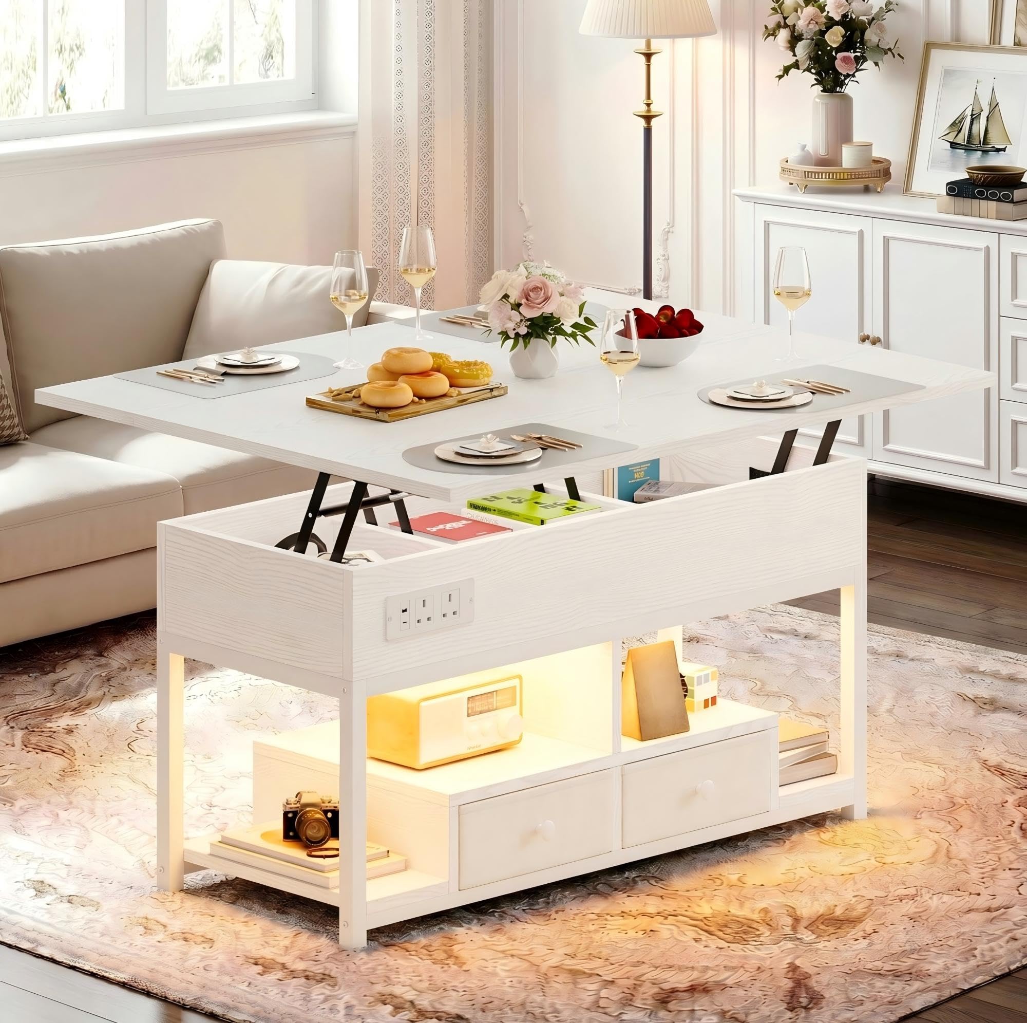 IRONCK Lift Top Coffee Table, Living Room Table with LED Lights, USB and Type-C Ports, Wooden Tea Table with Hidden Storage and 2 Drawers, Convertible Centre Table, 100×80cm, White