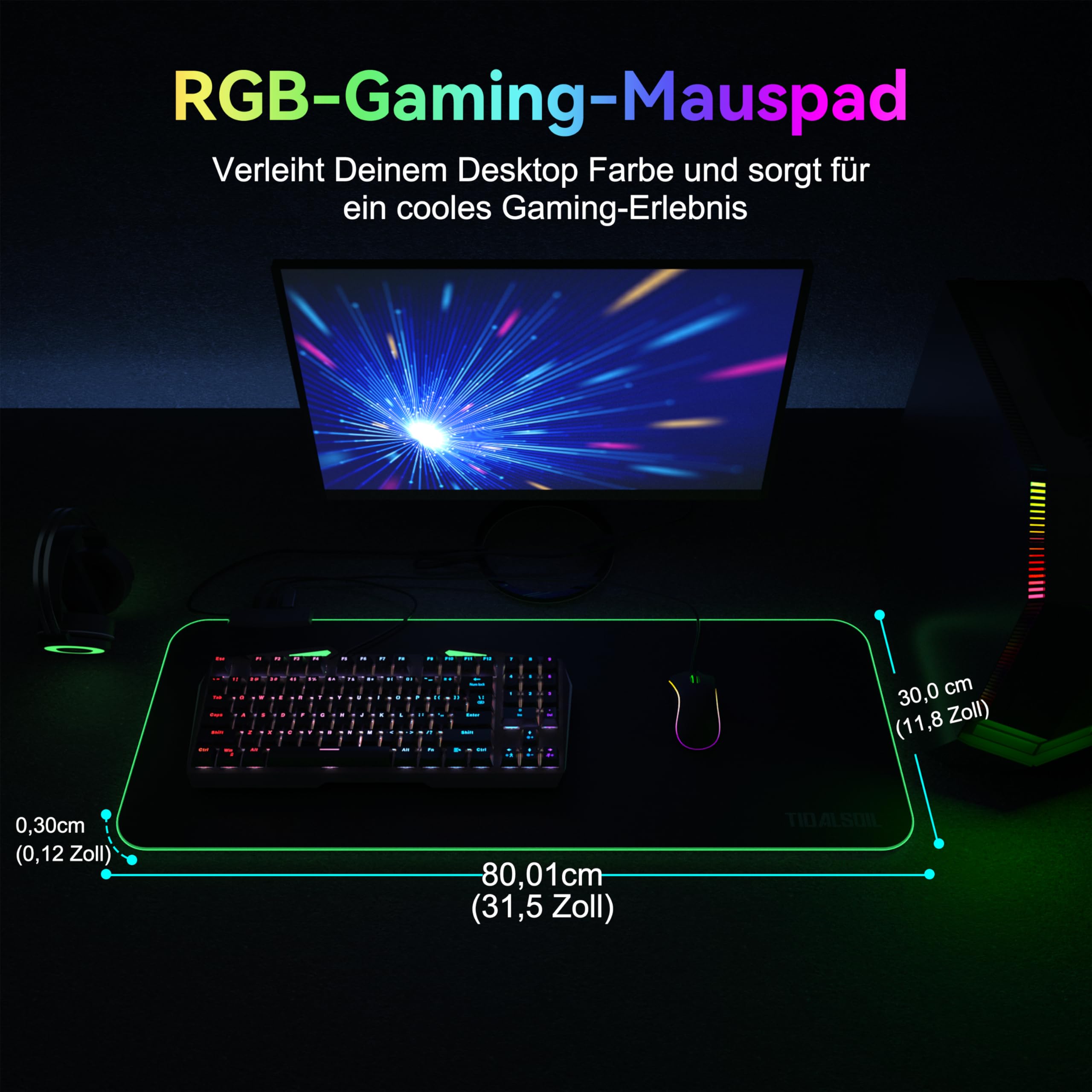 Gamingowa podkładka pod mysz RGB z koncentratorem USB, XXL, 800 x 300 mm, podświetlana podkładka pod mysz z 14 trybami oświetlenia, wbudowany rozdzielacz USB, antypoślizgowa, wodoszczelna podkładka na
