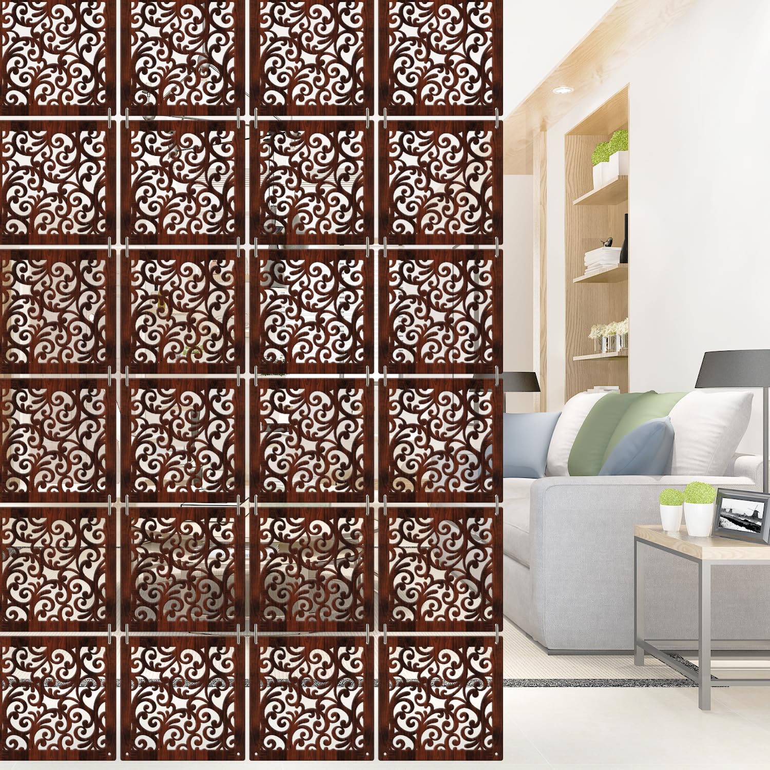 Olive Tree Wooden Hanging Room Divider for Living & Dining Room, Hall | Elegant & Modern Stylish Screen Partition|Aesthetic Separator for Home Decoration 12 Panels DIY (11.5X11.5 inch) Walnut - 7044-image-14