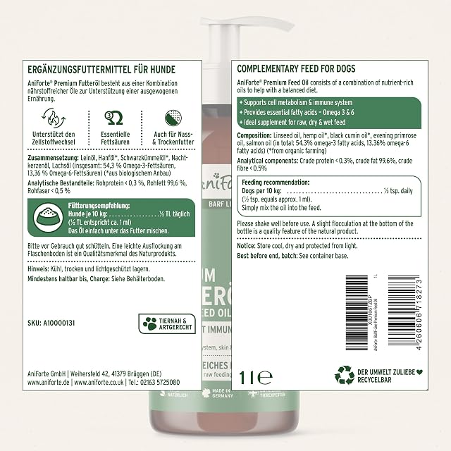 Foto 6 de 6 de AniForte Aceite para piensos para la alimentación cruda 1L - Suplemento Barf para Perros con Omega 3 y 6