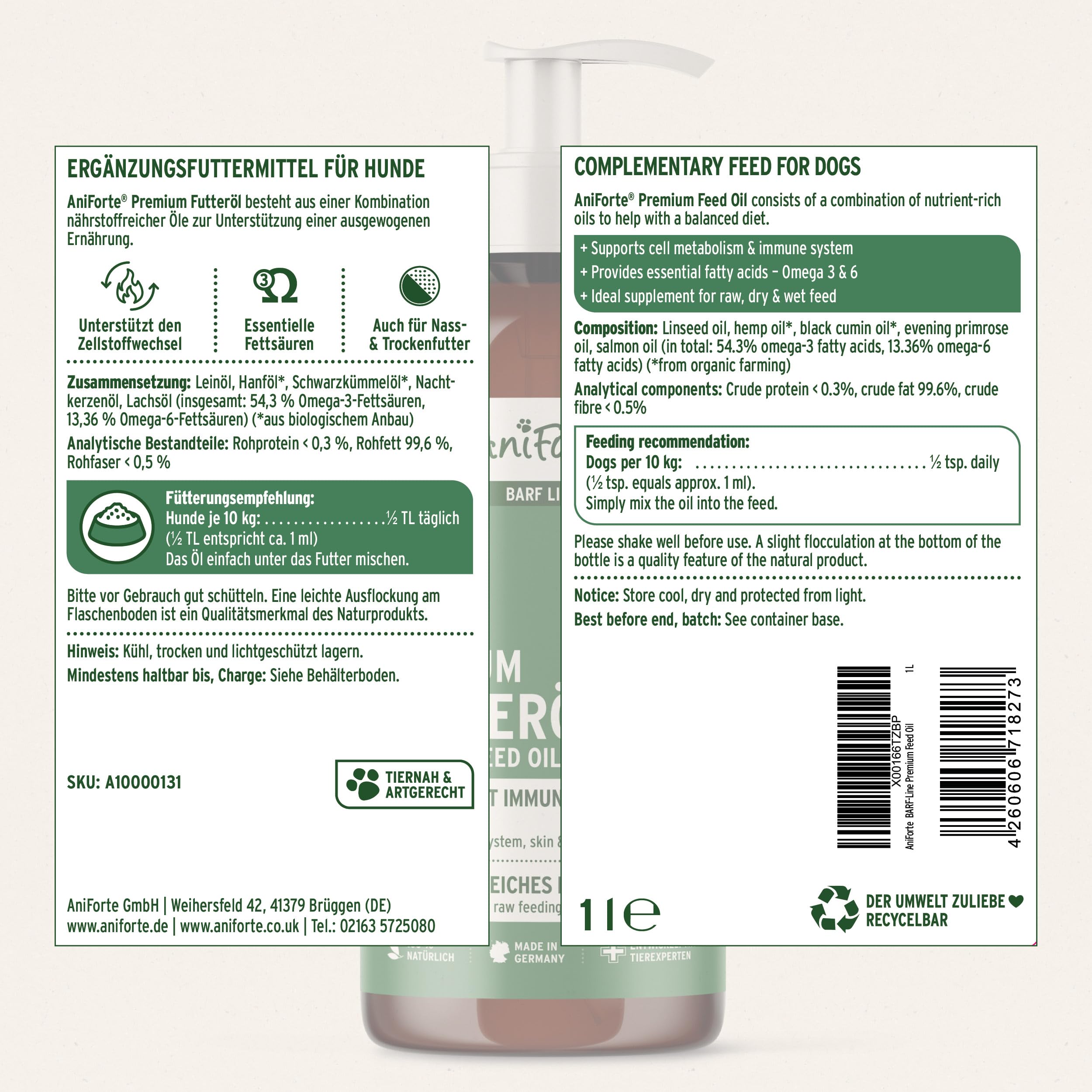 AniForte Aceite para piensos para la alimentación cruda 1L - Suplemento Barf para Perros con Omega 3 y 6