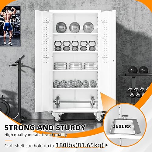 Vista 32 de INTERGREAT Armario de almacenamiento de metal, armarios de acero con cerradura de 72 pulgadas de alto con puertas de bloqueo, armario de Gris blanco