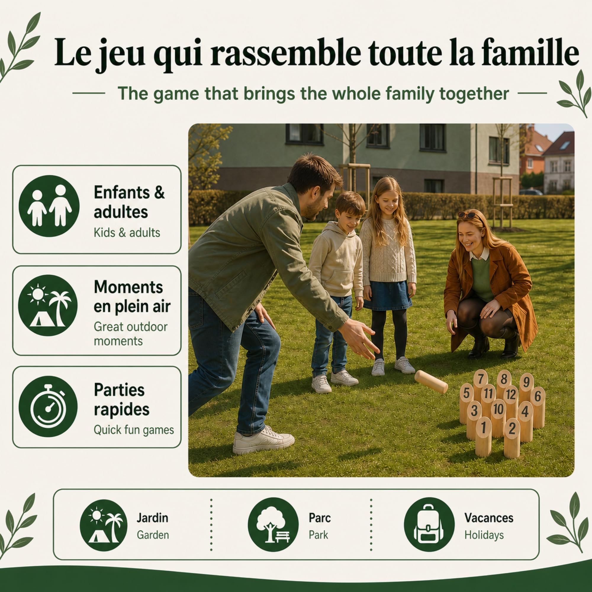GRENADINE BOUTIQUE Jeu de Quilles Nordiques en Bois – Jeu Exterieur – Famille Adresse Strategie Jardin Plage Camping – Jeu en Bois Naturel – Kubb Bois – Enfants Adultes - Lot 12 Quilles