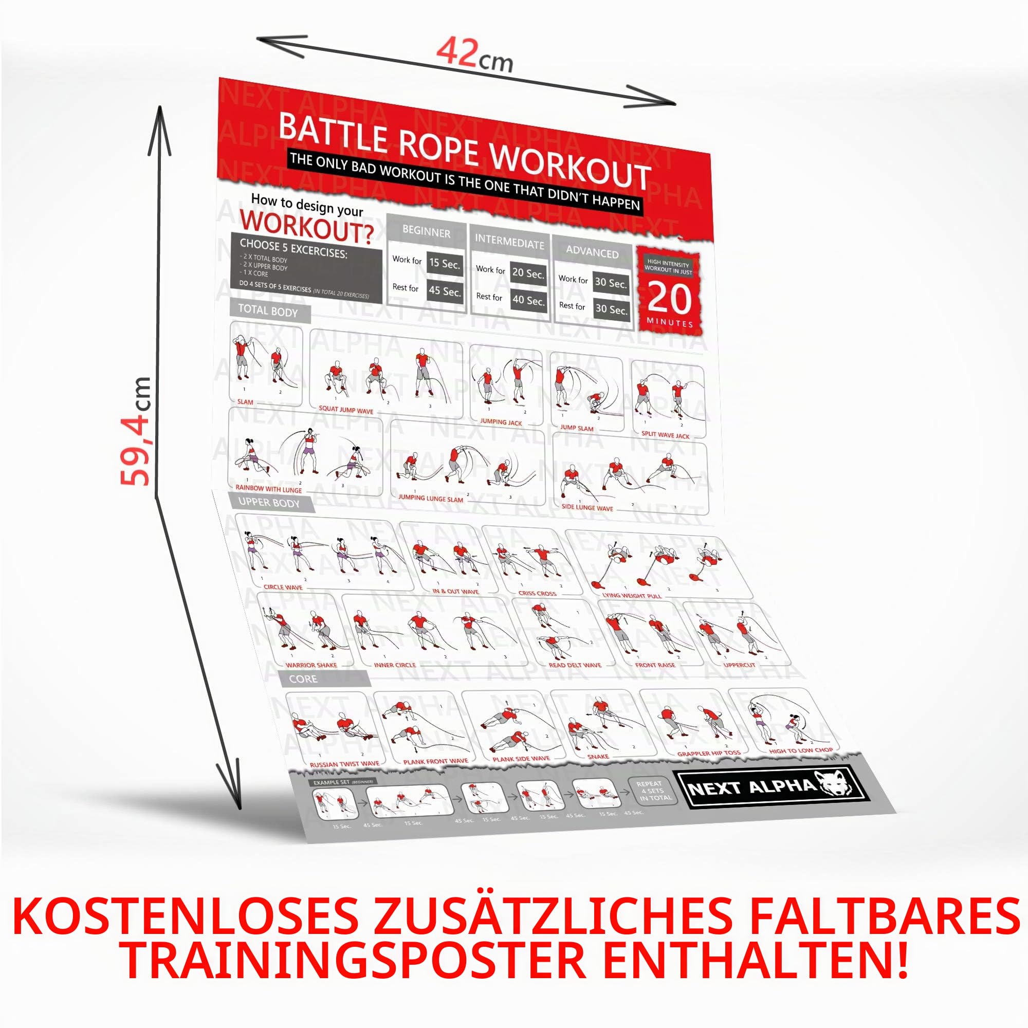 Battle Rope, 38mm/50mm, 9m/12m/15m, Schutzhülle, Wandanker, Workout Instruction Poster