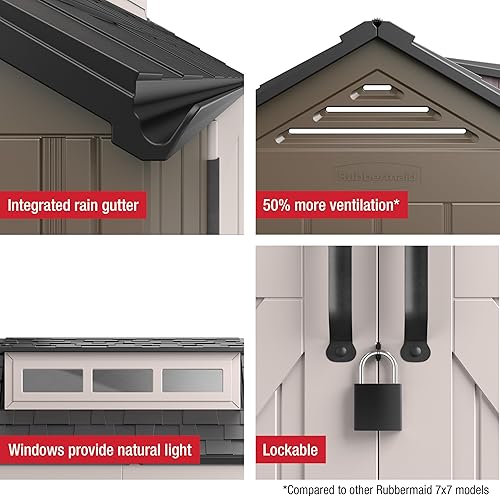 Miniatura 7 de Rubbermaid Cobertizo grande de resina para exteriores, 7 x 7 pies, marrón, con ventanas grandes para el hogar, jardín, patio trasero, equipo de