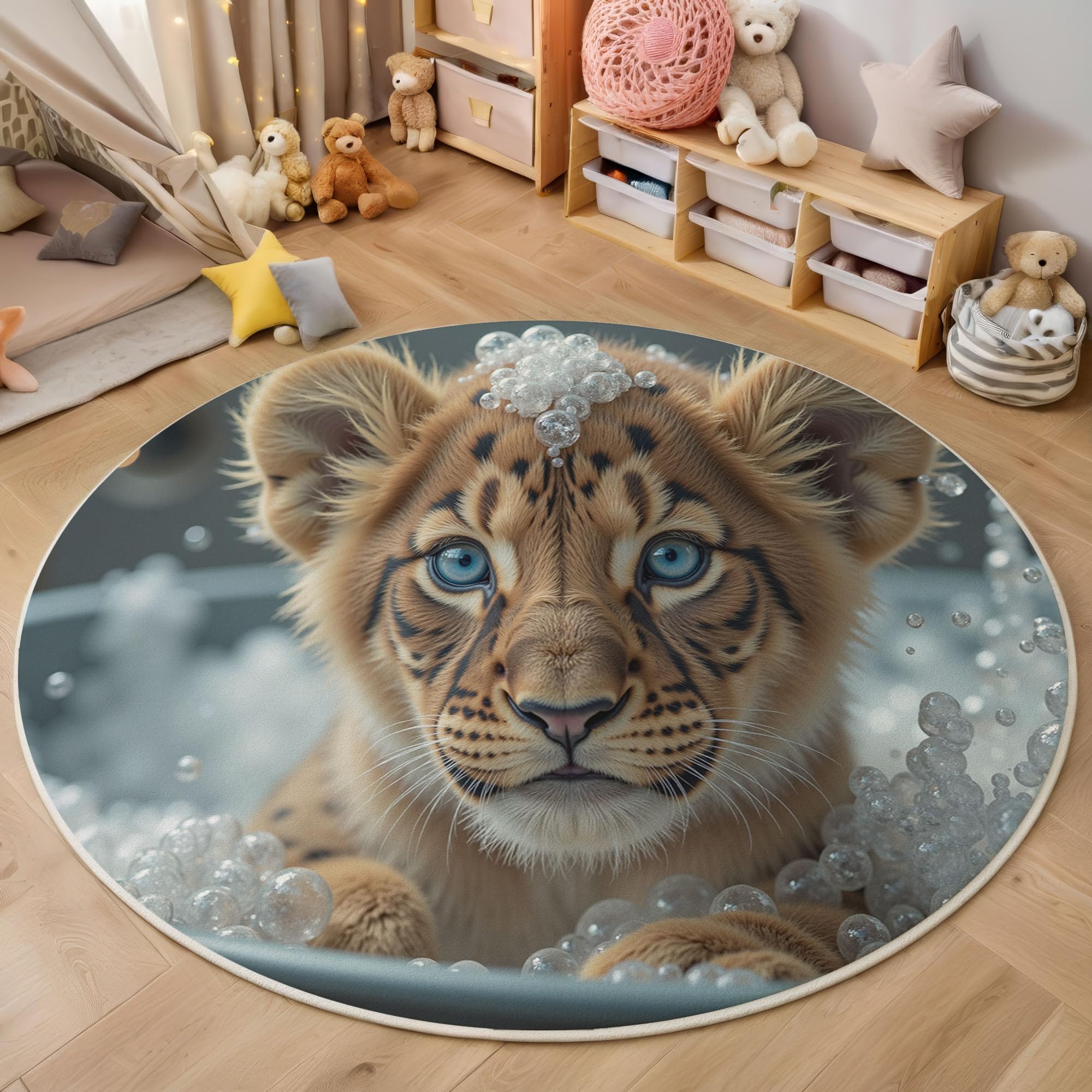Tapis rond antidérapant grand tapis de douche et chambre enfant lion brun 200cm
