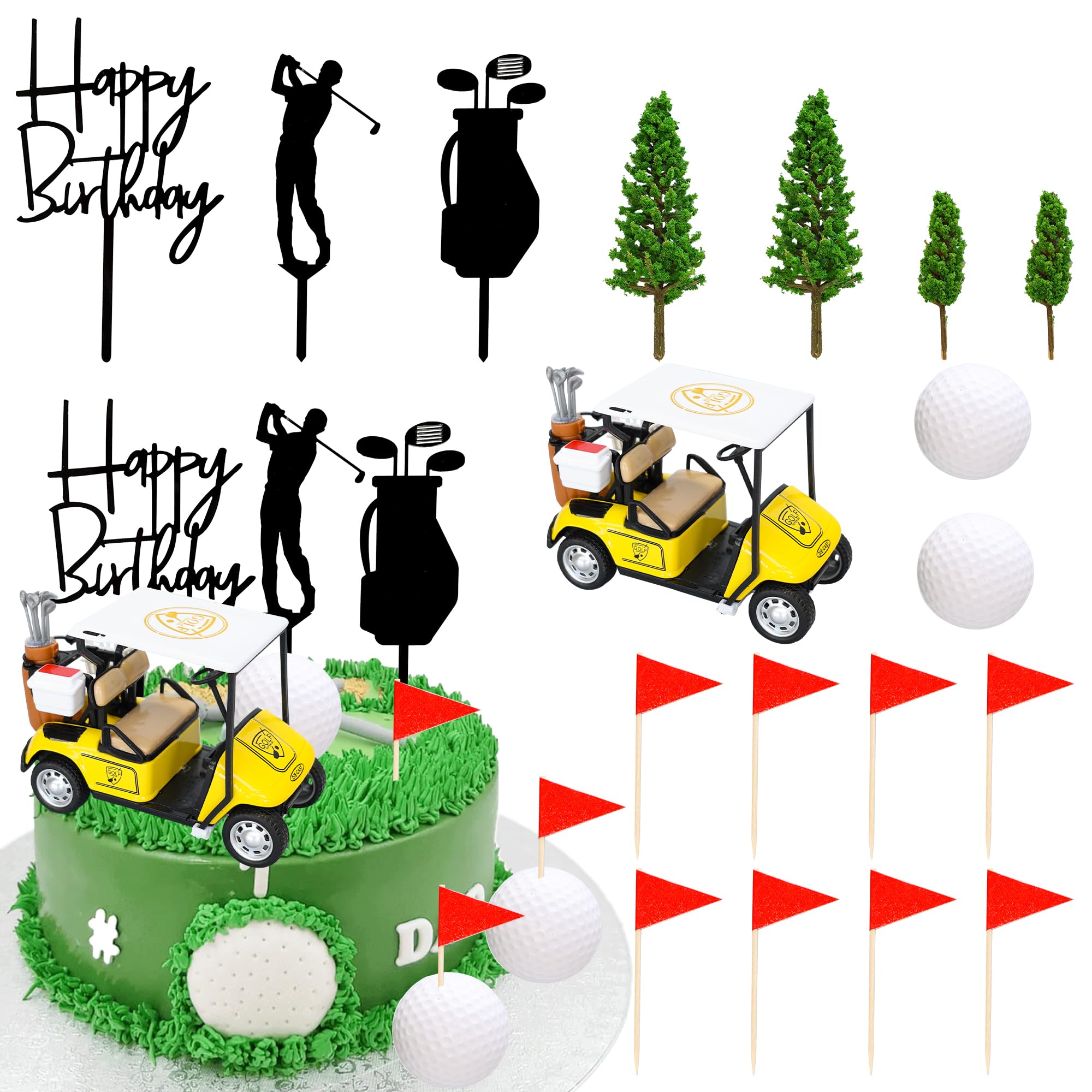 Gyufise 22Pcs Golf Cake Decorations Golf Cart Cake Toppers Heading for The Green Cake Topper for Golfers with Cart Flag Golf Ball for Golf Theme Party Supplies Yellow
