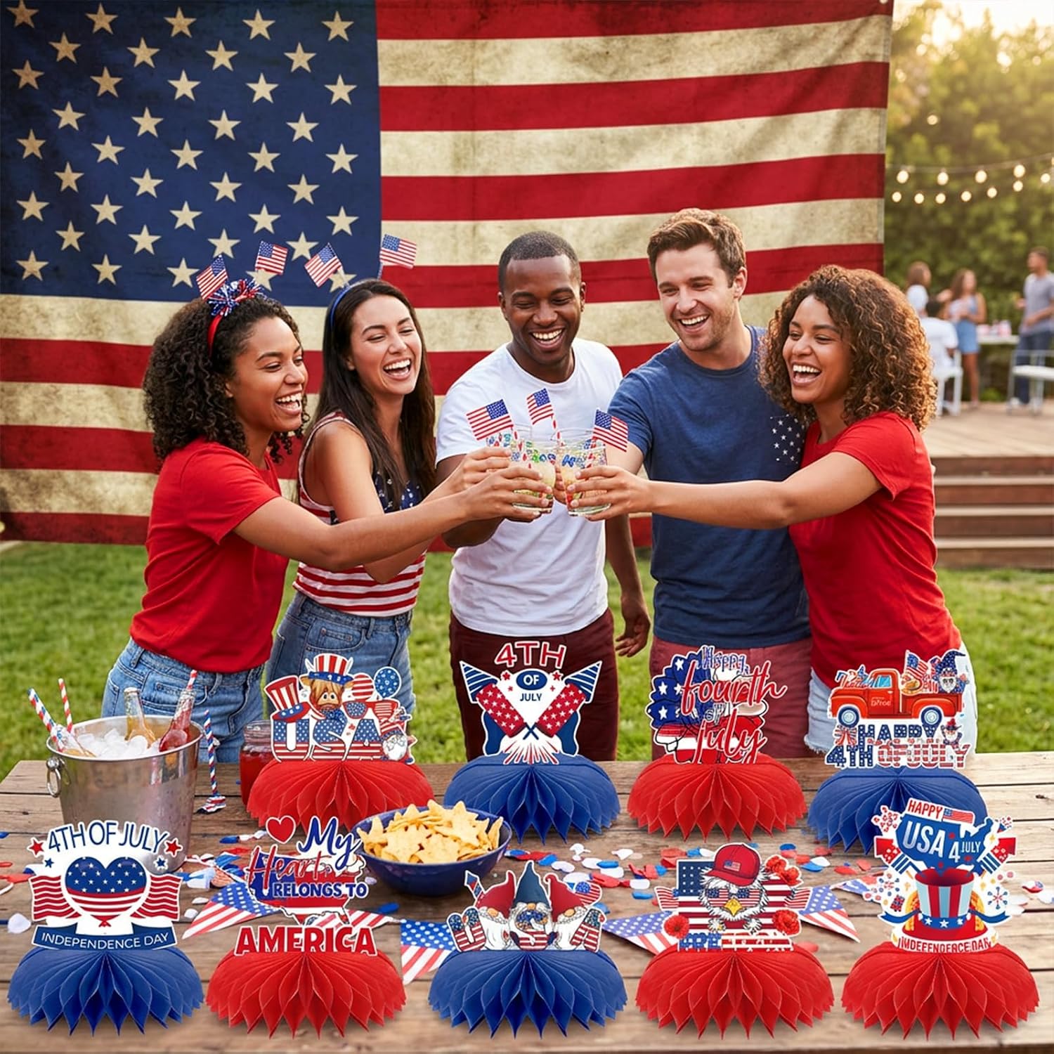 4th of July Decorations - 9 Pcs America Patriotic Fourth Party Honeycomb Centerpieces Set for Table Red White Blue Supplies Decor for Independence Memorial Day 250th Anniversary Home Office