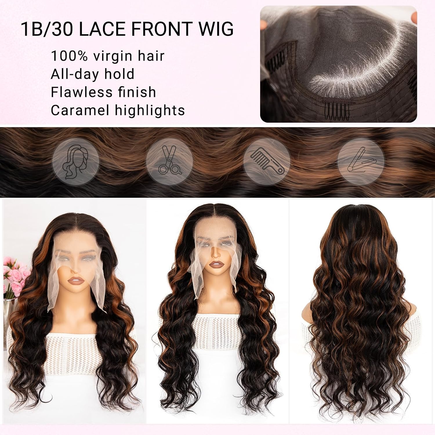 13x6 Ombre Lace Front Wig Human Hair 1B/30 Highlight Body Wave Lace Front Wigs 180% Density HD Transparent Lace Frontal Wigs Human Hair Wig for Women 20Inch - Image 3