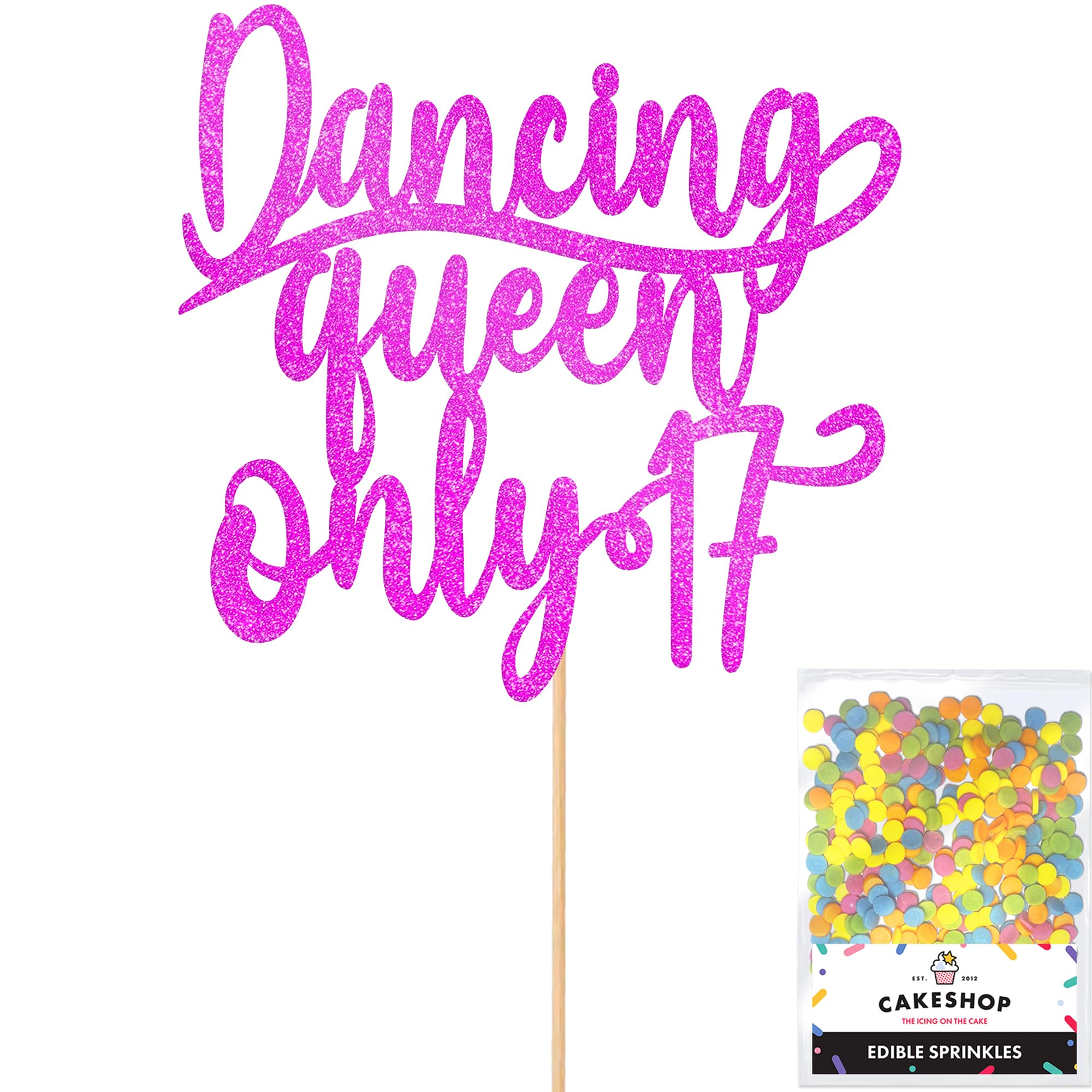 Cakeshop Personalised Dancing Queen Birthday Glitter Cake Topper - Pink - Any Name & Age - Glitter Cake Decoration and Sprinkles - Happy Birthday Decorations - Custom Toppers for Cakes