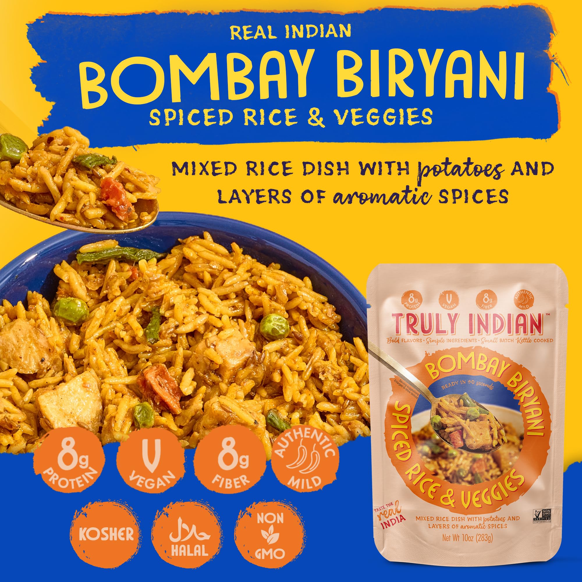 Truly Indian Bombay Biryani Rice 6-Pack | Long-Grain, Aged Basmati Rice | Authentic Traditional Indian Food, Rice Dishes Made With Locally Grown Ingredients | Ready to Eat, Vegan, Microwaveable Meal