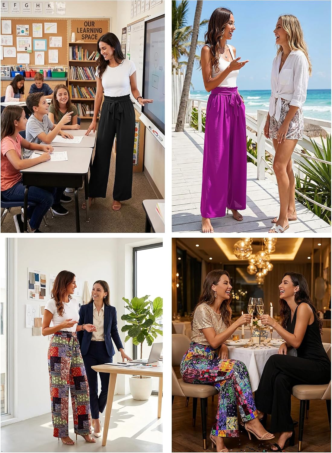  Women's Wide Leg Lounge Pants Lightweight High Waisted Adjustable Tie Knot Loose Fit Trousers with Pockets thumbnail
