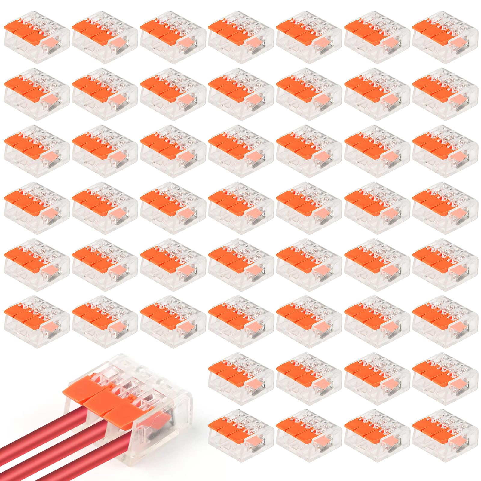 50 Pack 221-413 Splicing Connector, Lever-Nut Wire Connectors Assortment, 3 Port Compact Splicing Connectors, Tool-Free Electrical Terminal Blocks for 12-24 AWG Wire, Flame Retardant Cable Connectors
