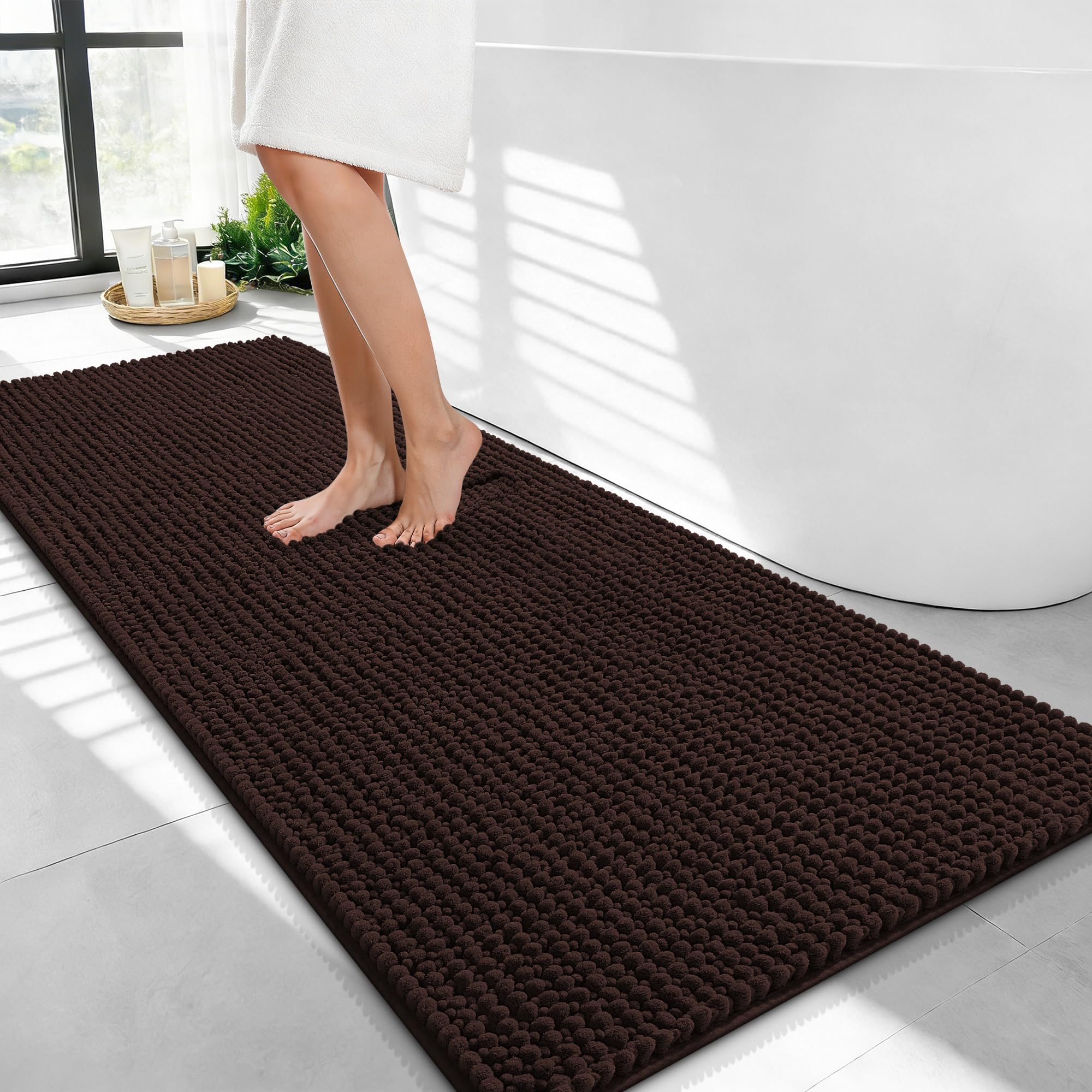 OLANLY Thick Chenille Bathroom Runner Rugs 44x24, Absorbent Bath Mat, Brown