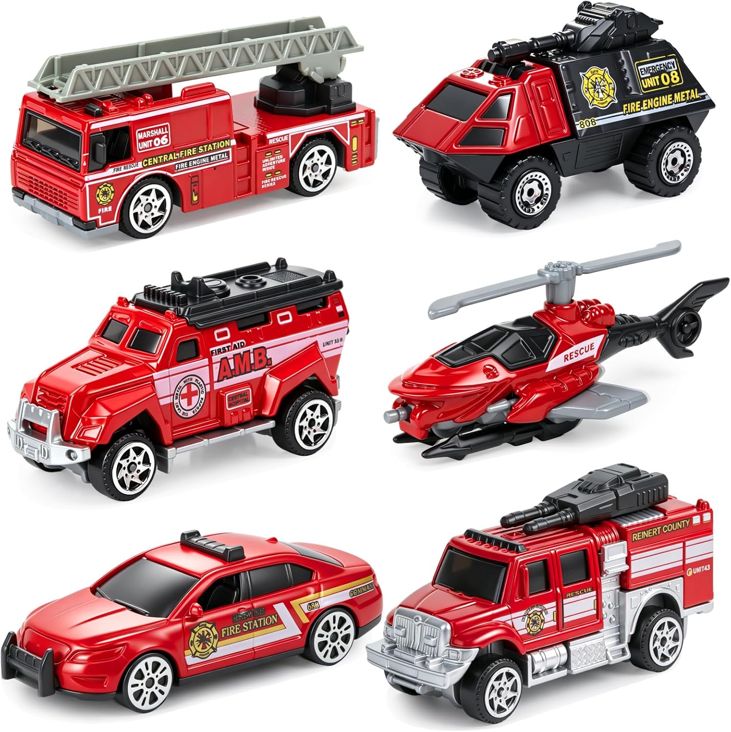 6 Pack Diecast Fire Truck, Mini Alloy Fire Truck Toy for Toddlers 3-5 Firetruck City Emergency Cars Toys Set for Kids Boys Age 3 4 5 6 7 Years Old Goodie Bag Stuffers Birthday Gift