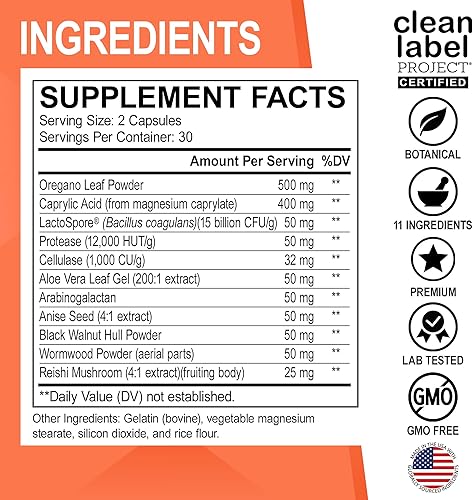 Miniatura 5 de Candida Cleanse - Pastillas y gotas de desintoxicación  Gotas de aceite de orégano orgánico, ácido caprílico negro de nogal negro ajenjo Candi Kit